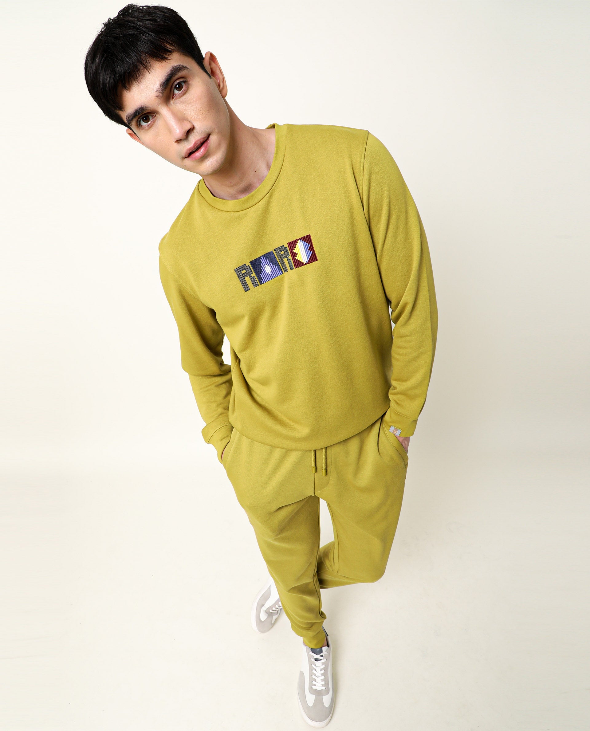 Rare Rabbit Men's Martis Olive Cotton Polyester Fabric Full Sleeves Graphic Embroidery Print Sweatshirt