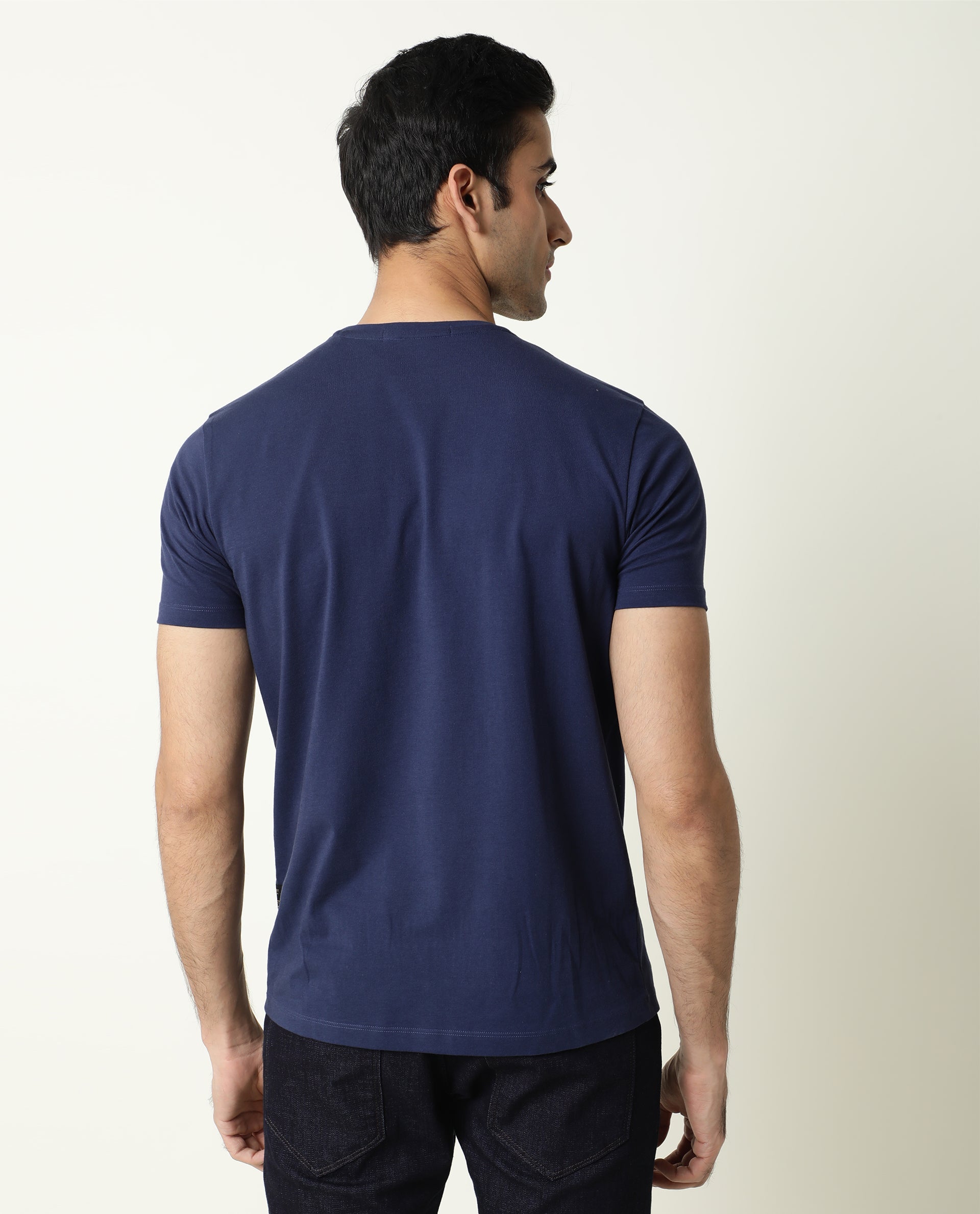 Rare Rabbit Men's Tule Navy Cotton Fabric Crew Neck Half Sleeves Regular Fit Floral Graphic Printed T-Shirt