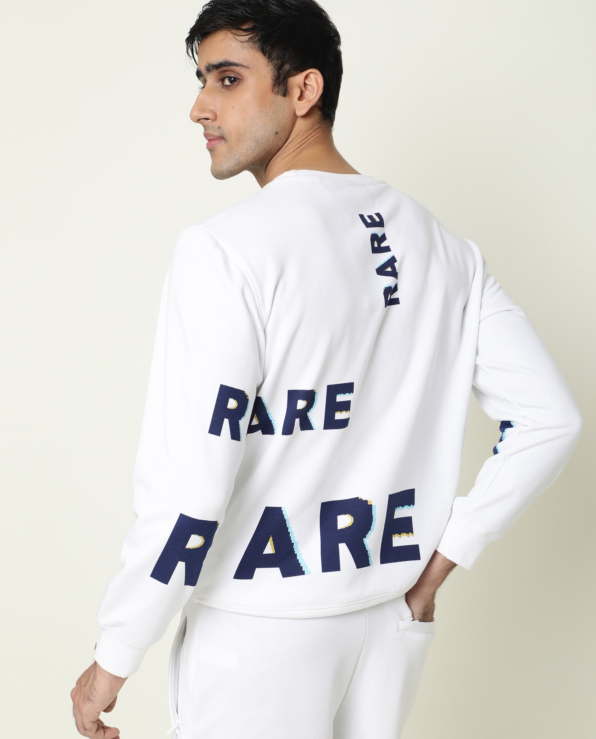 Rare Rabbit Men's Clovis White Cotton Polyester Fabric Full Sleeves Graphic Statement Print Sweatshirt