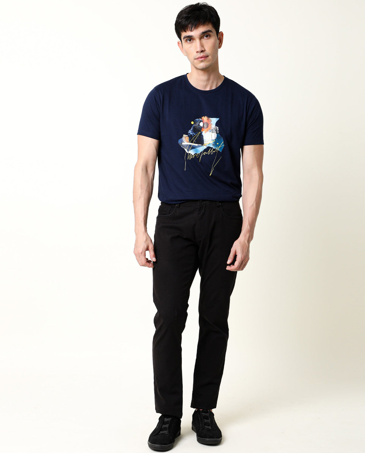 Rare Rabbit Men's Collage Navy Cotton Fabric Crew Neck Half Sleeves Slim Fit Graphic Print T-Shirt