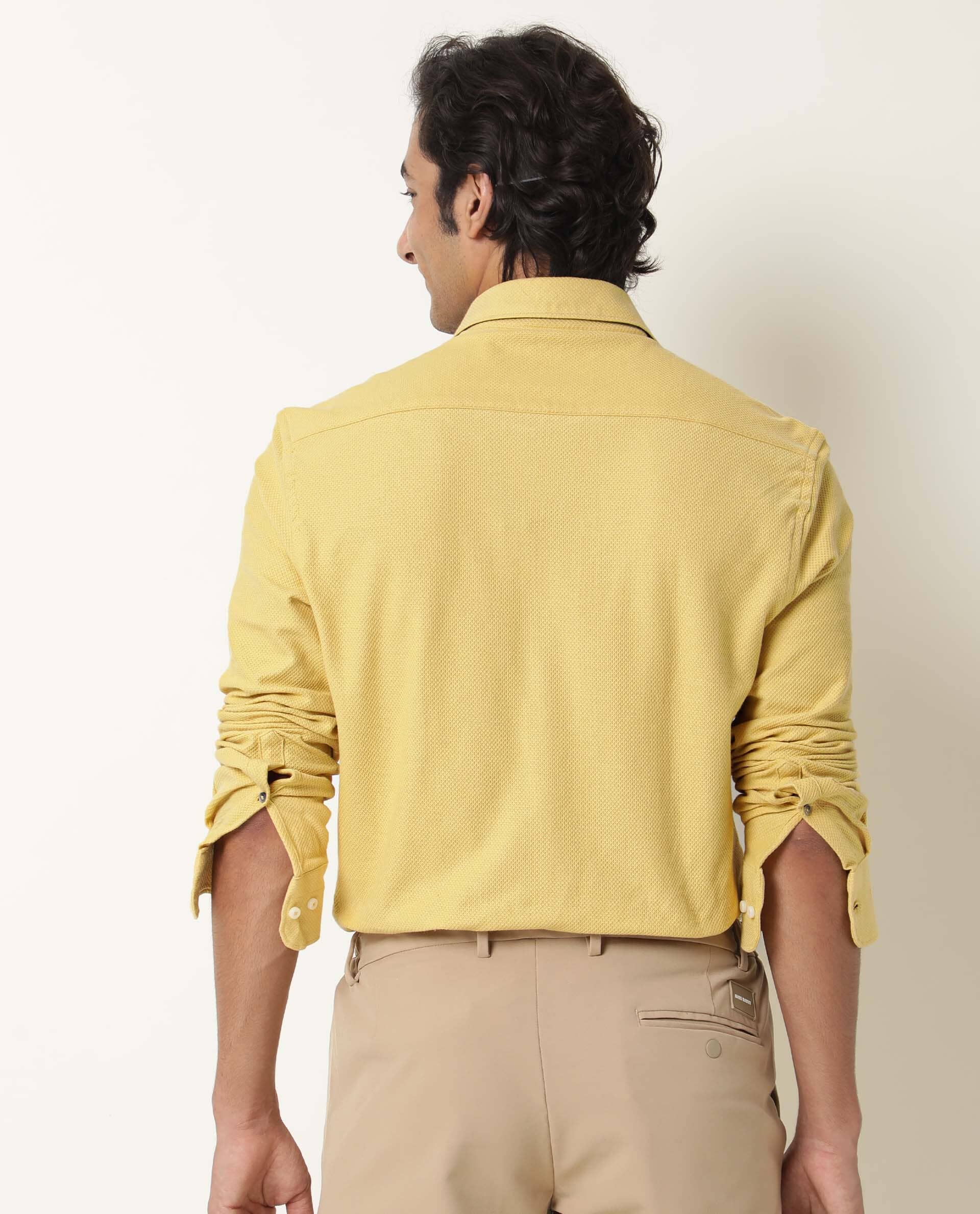 Rare Rabbit Men's Venezya Yellow Cotton Fabric Full Sleeves Solid Shir