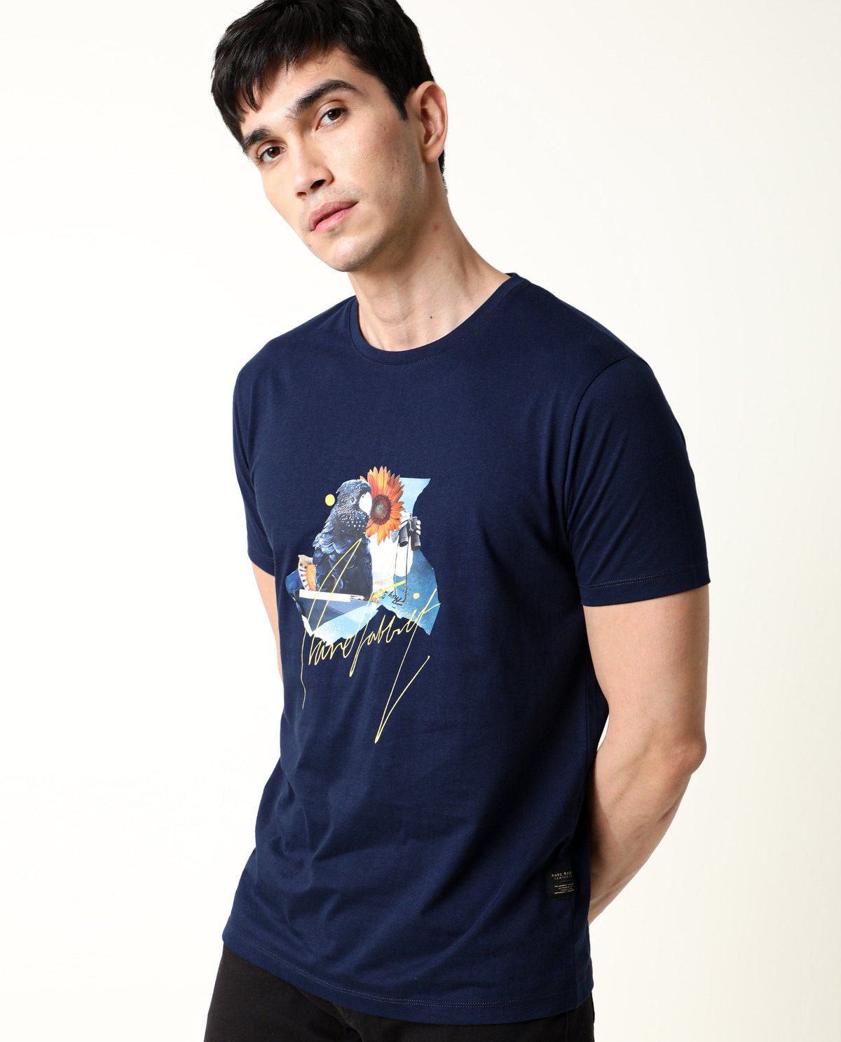Rare Rabbit Men's Collage Navy Cotton Fabric Crew Neck Half Sleeves Slim Fit Graphic Print T-Shirt