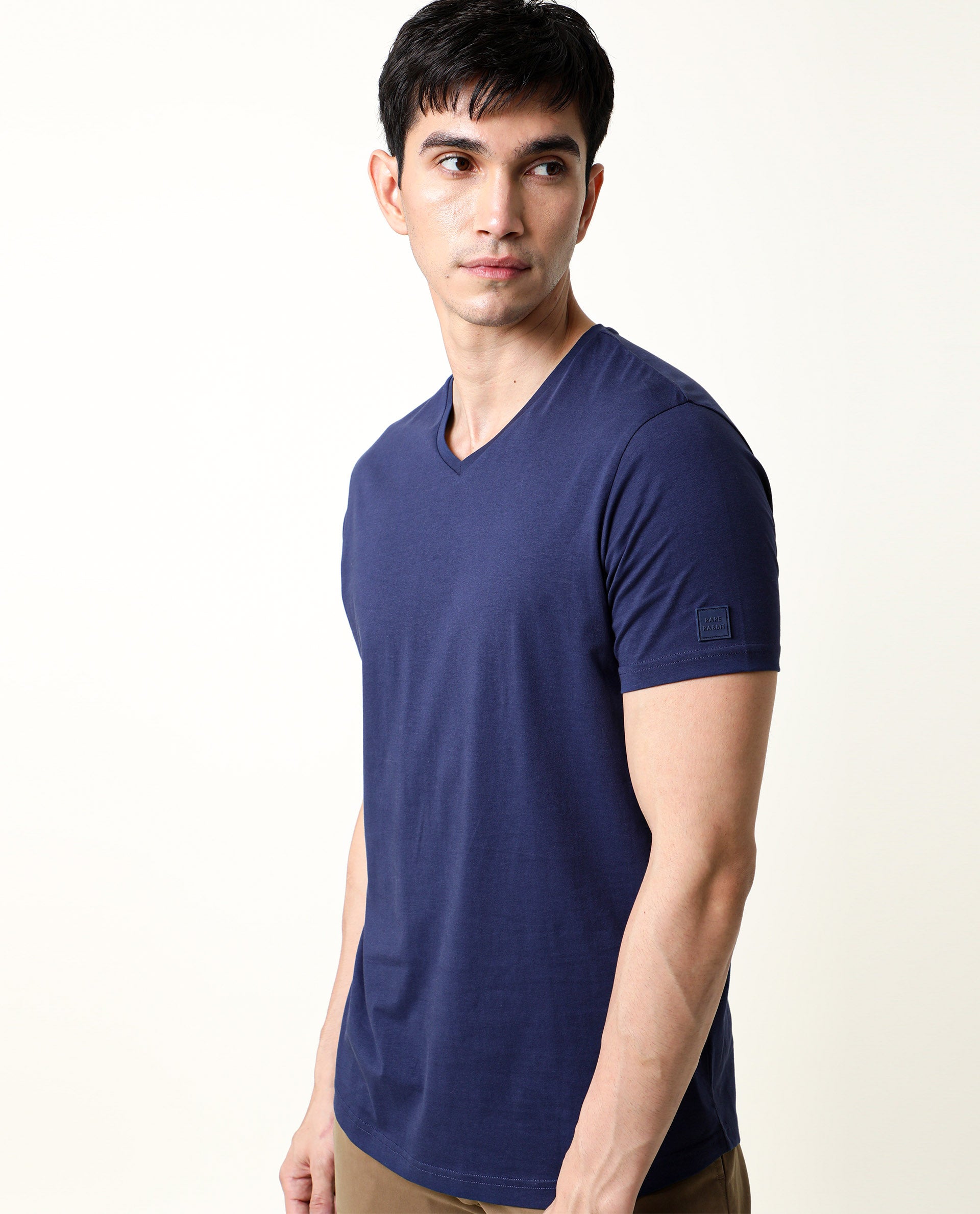 Rare Rabbit Men's Entre-2 Navy Cotton Fabric V-Neck Half Sleeves Regular Fit Solid T-Shirt