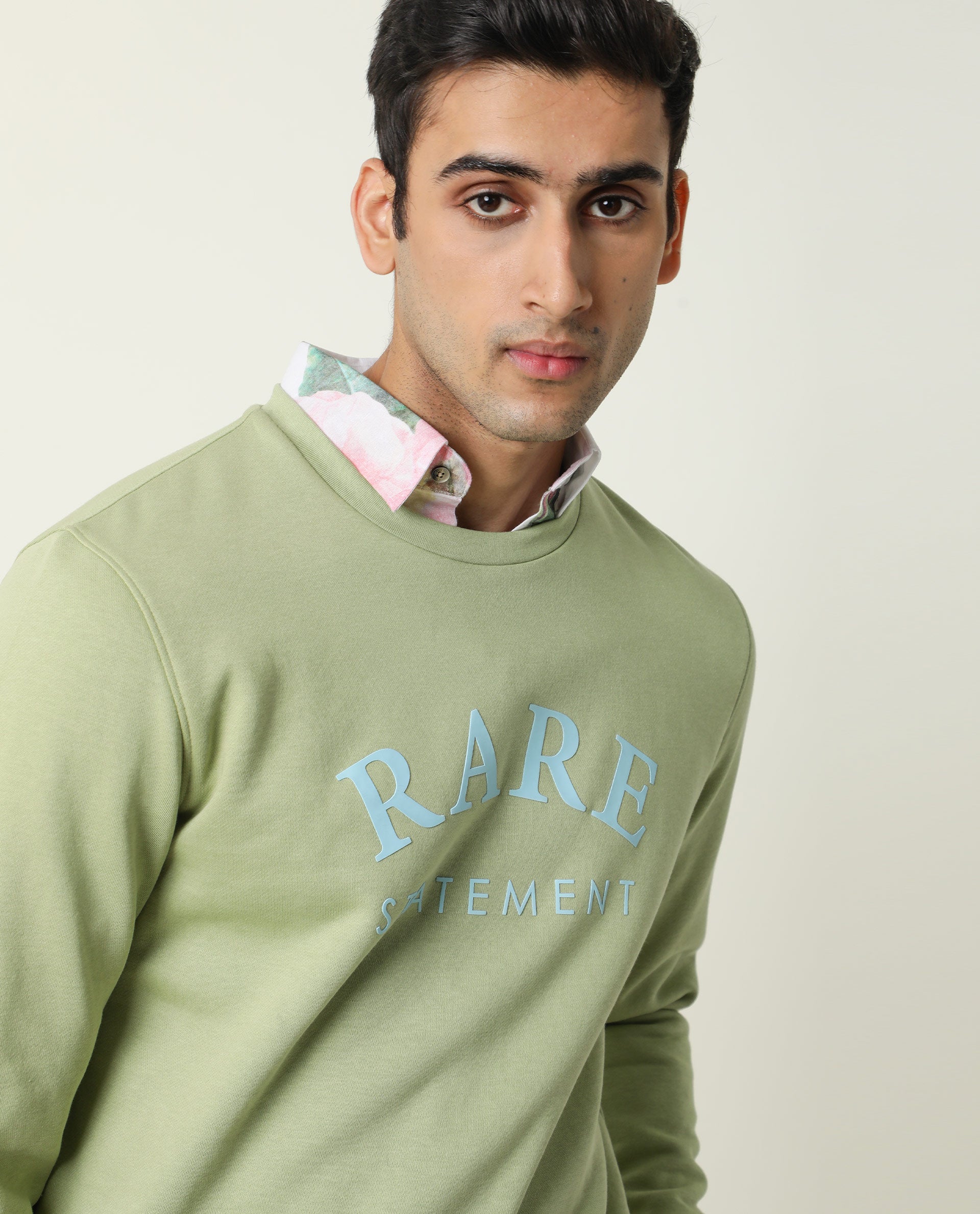 Rare Rabbit Men's Raven Pastel Green Cotton Polyester Fabric Full Sleeves Graphic Print Knit Sweatshirt