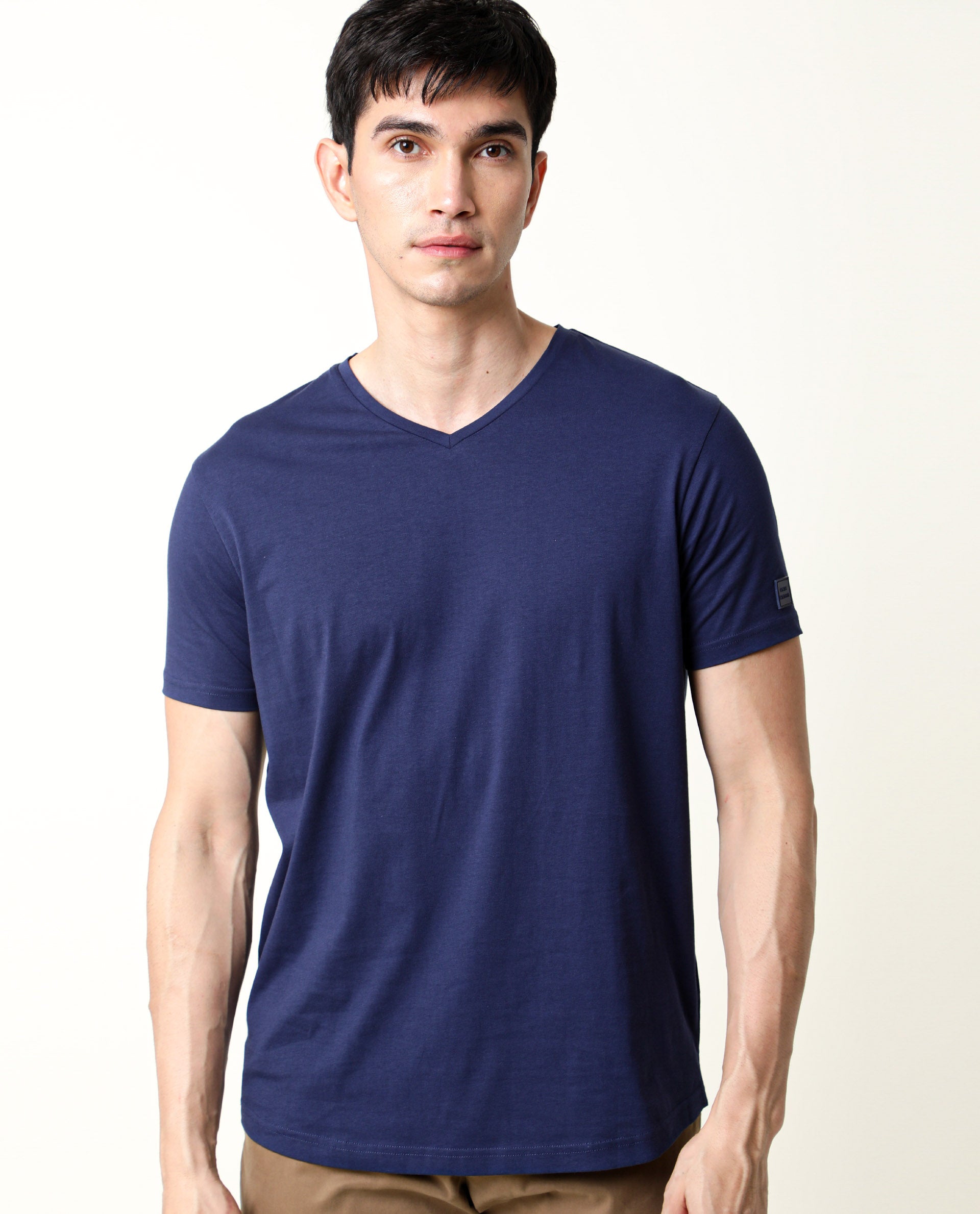 Rare Rabbit Men's Entre-2 Navy Cotton Fabric V-Neck Half Sleeves Regular Fit Solid T-Shirt