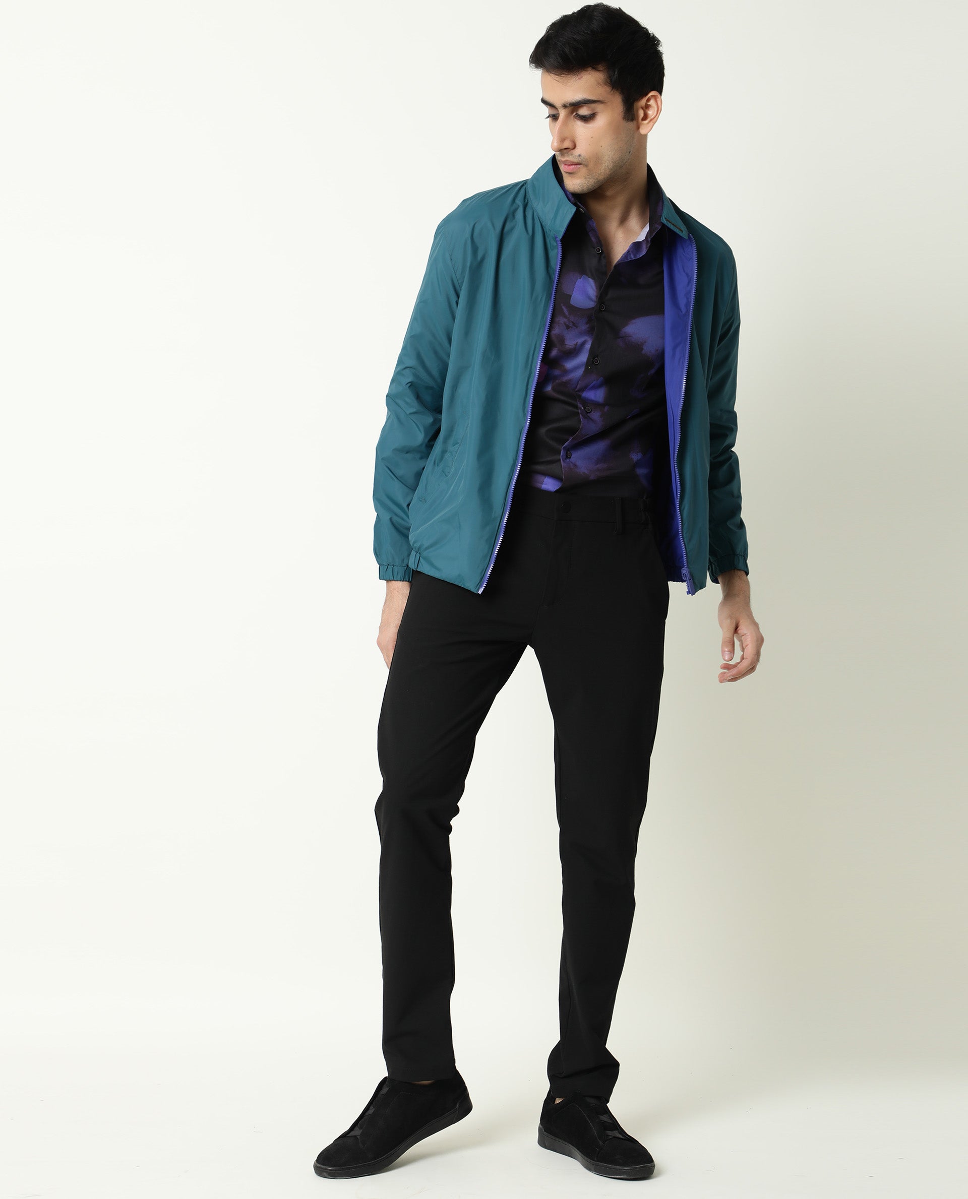 Rare Rabbit Men's Adol Petrol Plain Lightweight Band Collar Reversible Jacket