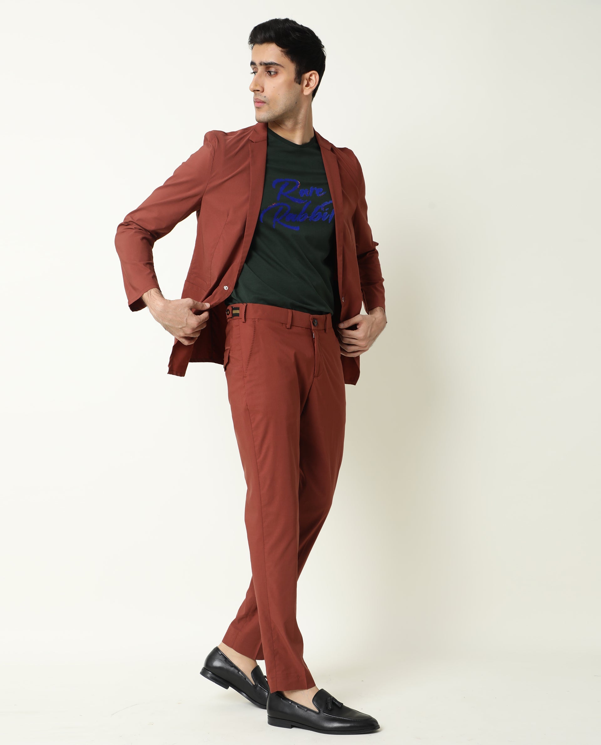 Rare Rabbit Men's Glak Dark Rust Viscose Polyester Fabric Button & Zip Closure Slim Fit Trouser