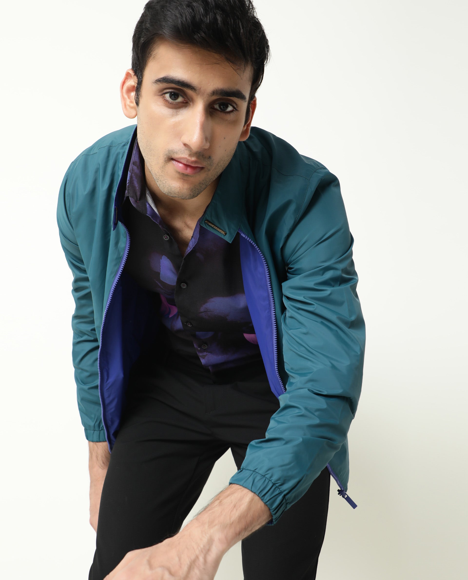 Rare Rabbit Men's Adol Petrol Plain Lightweight Band Collar Reversible Jacket