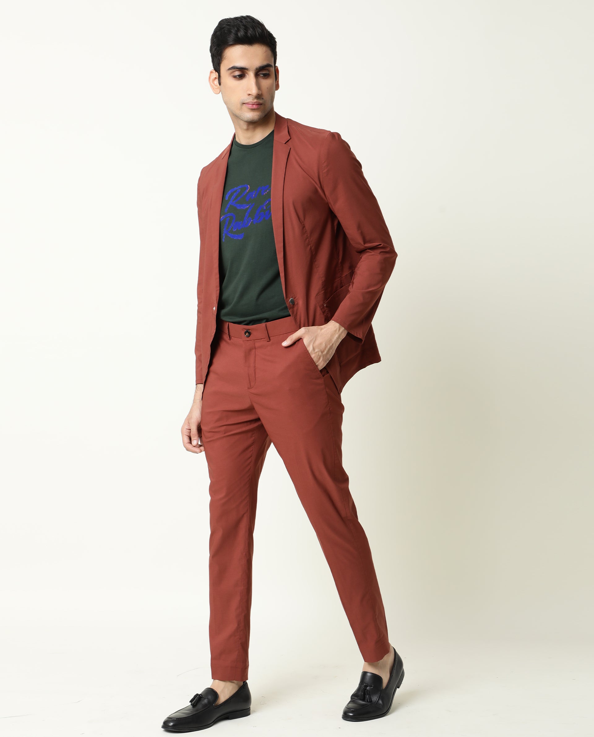 Rare Rabbit Men's Glak Dark Rust Viscose Polyester Fabric Button & Zip Closure Slim Fit Trouser