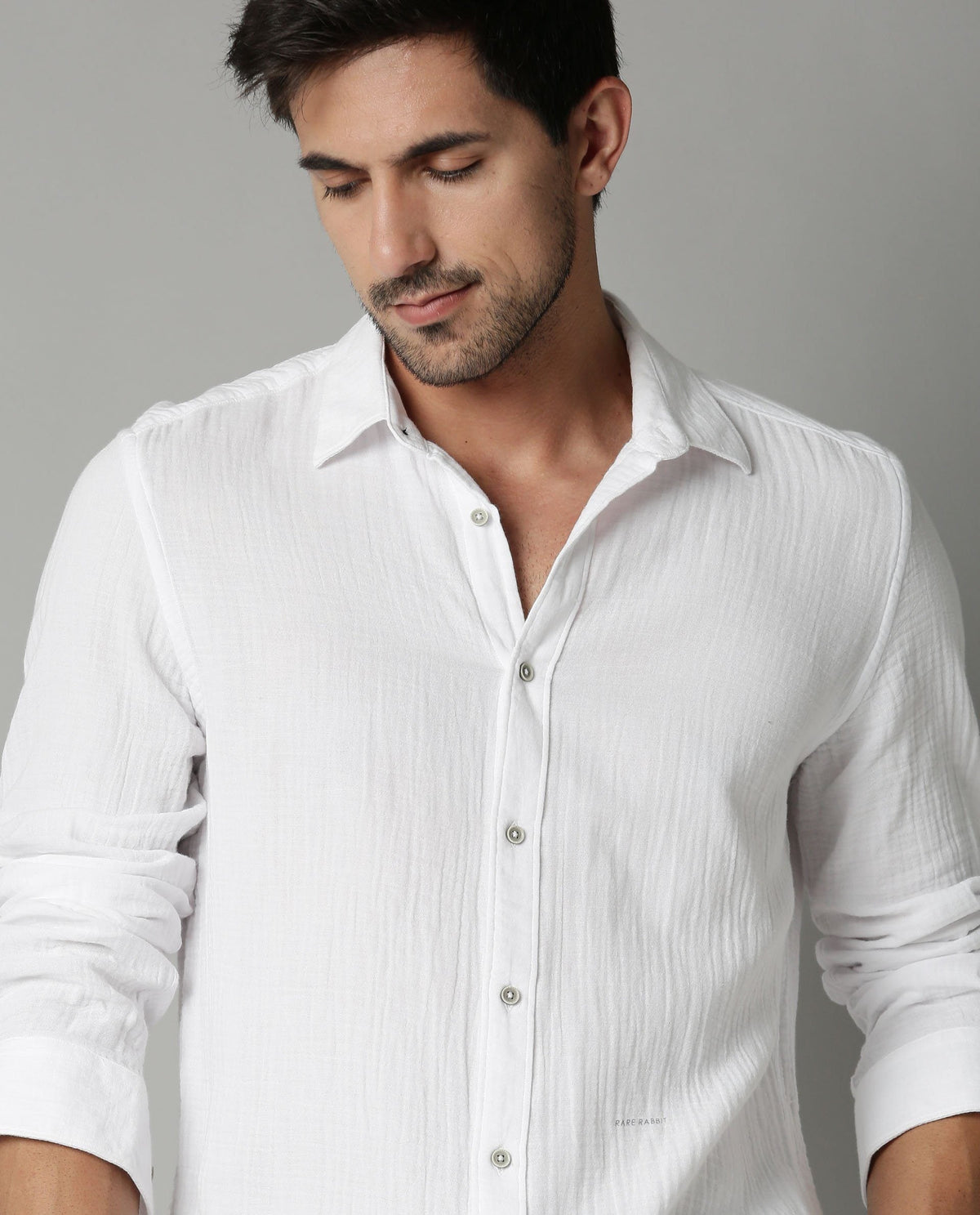 RARE RABBIT MEN'S LAYERR WHITE SHIRT COTTON FABRIC COLLARED NECK FULL SLEEVES BUTTON CLOSURE