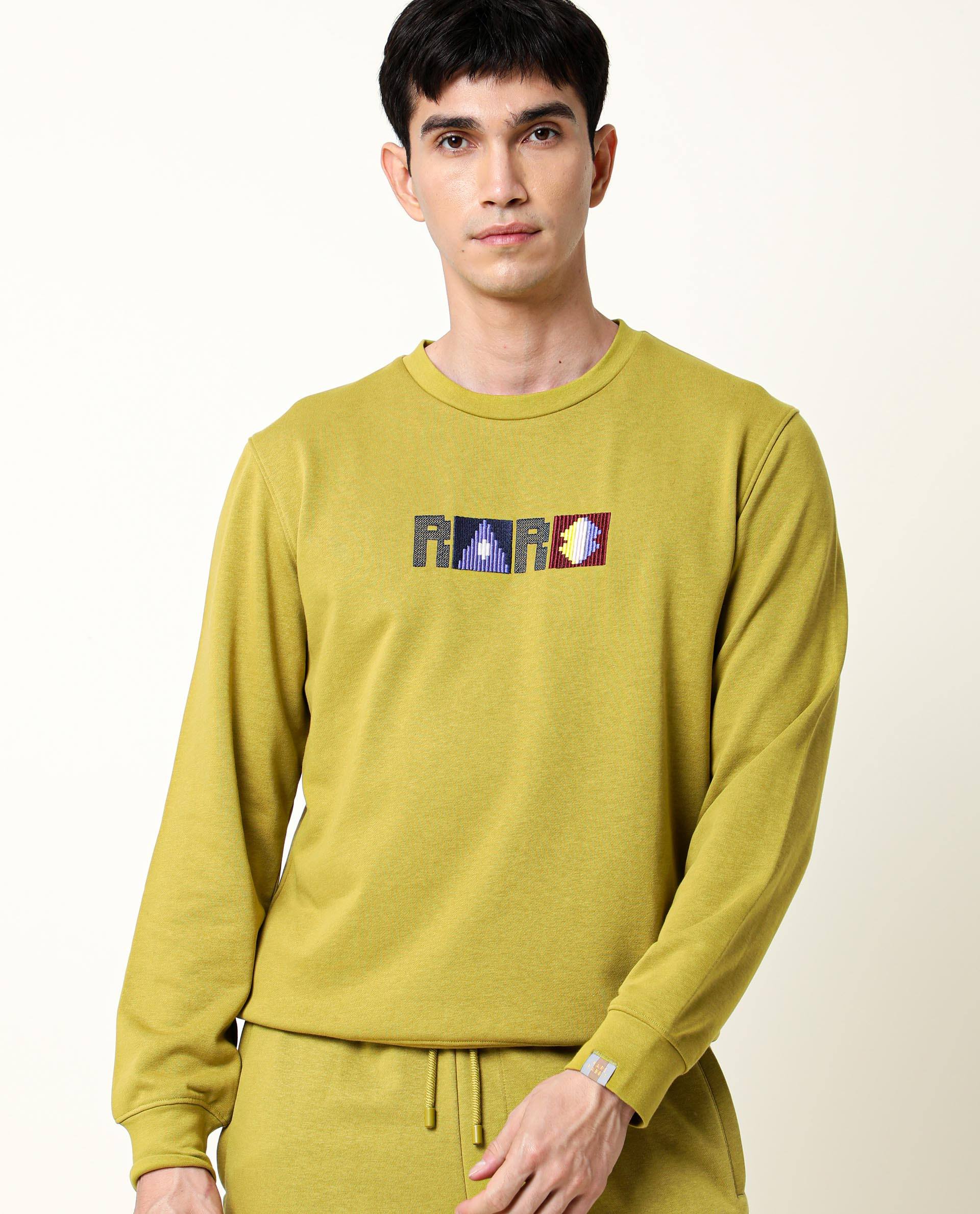 Rare Rabbit Men's Martis Olive Cotton Polyester Fabric Full Sleeves Graphic Embroidery Print Sweatshirt