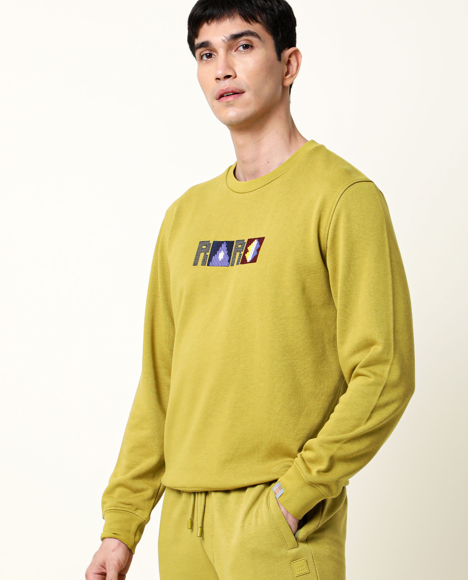 Rare Rabbit Men's Martis Olive Cotton Polyester Fabric Full Sleeves Graphic Embroidery Print Sweatshirt