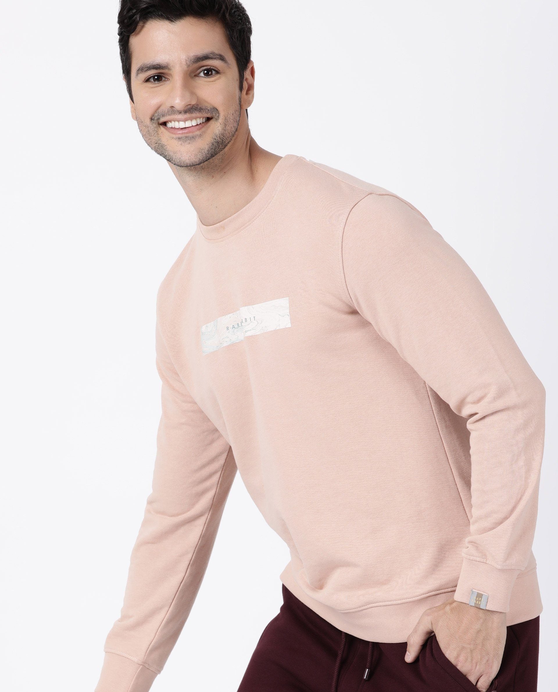 RARE RABBIT MARS LIGHT PEACH SWEATSHIRT COTTON POLY FABRIC FULL SLEEVE CREW NECK SLIM FIT