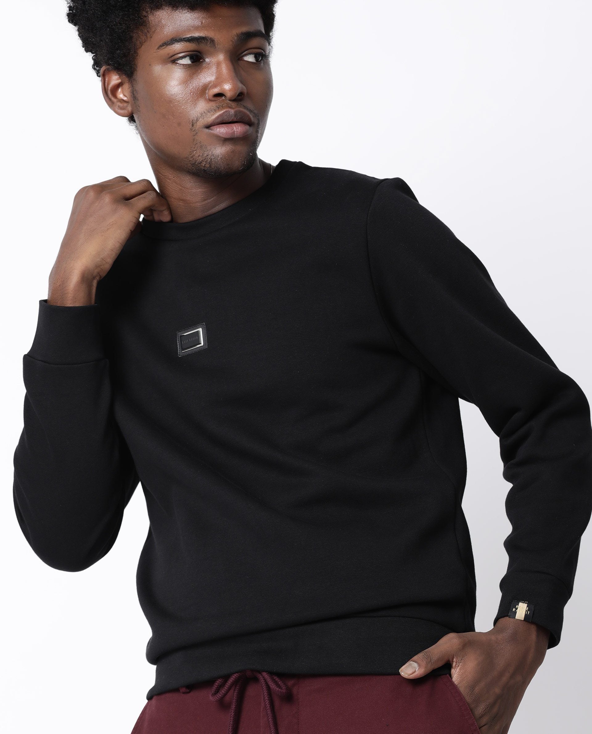 Rare Rabbit Tayla Primary Black Sweatshirt Cotton Poly Fabric Full Sleeve Crew Neck Slim Fit