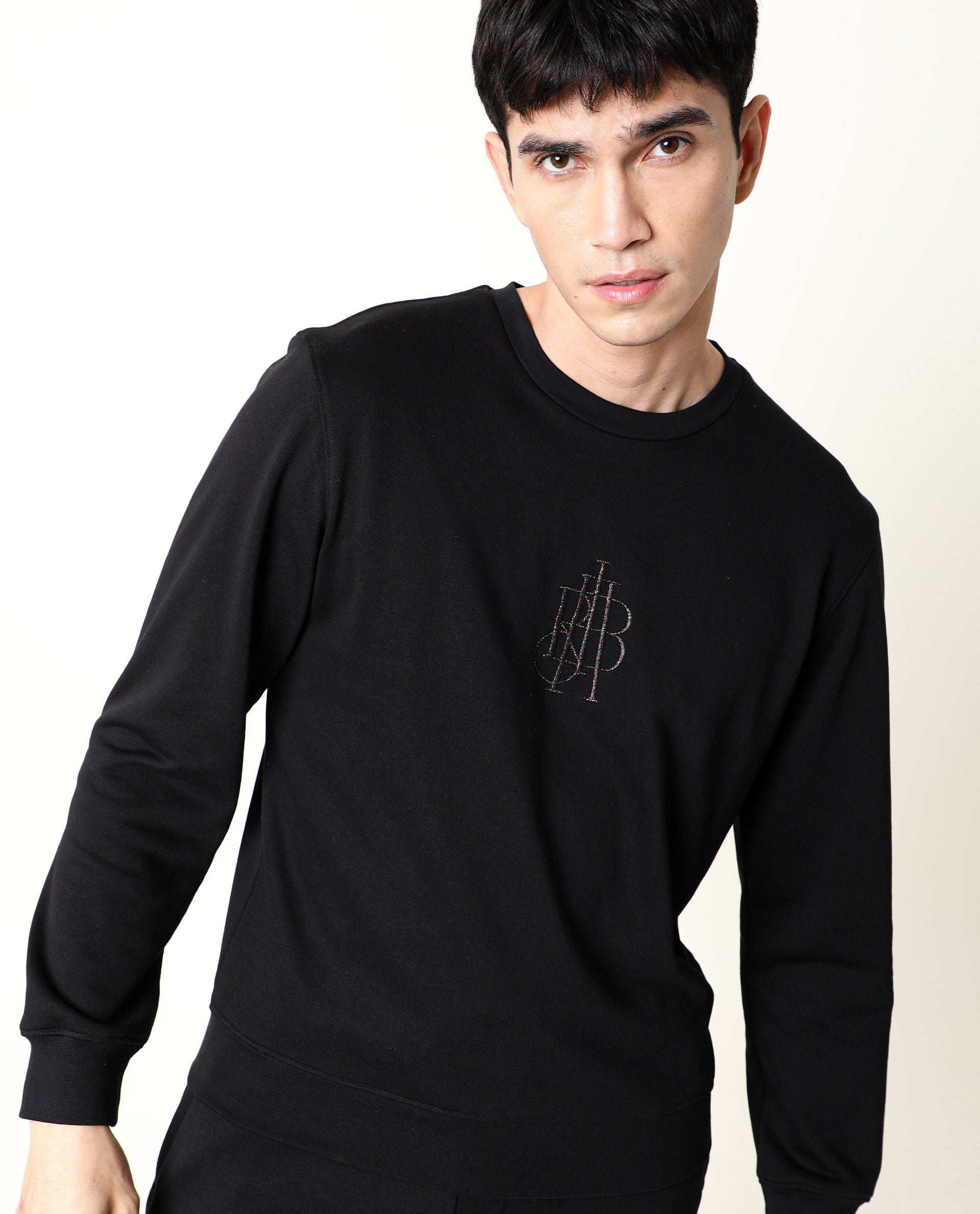 Rare Rabbit Men's Neor Black Cotton Embroidered Regular Fit Full Sleeve Crew Neck Sweatshirt