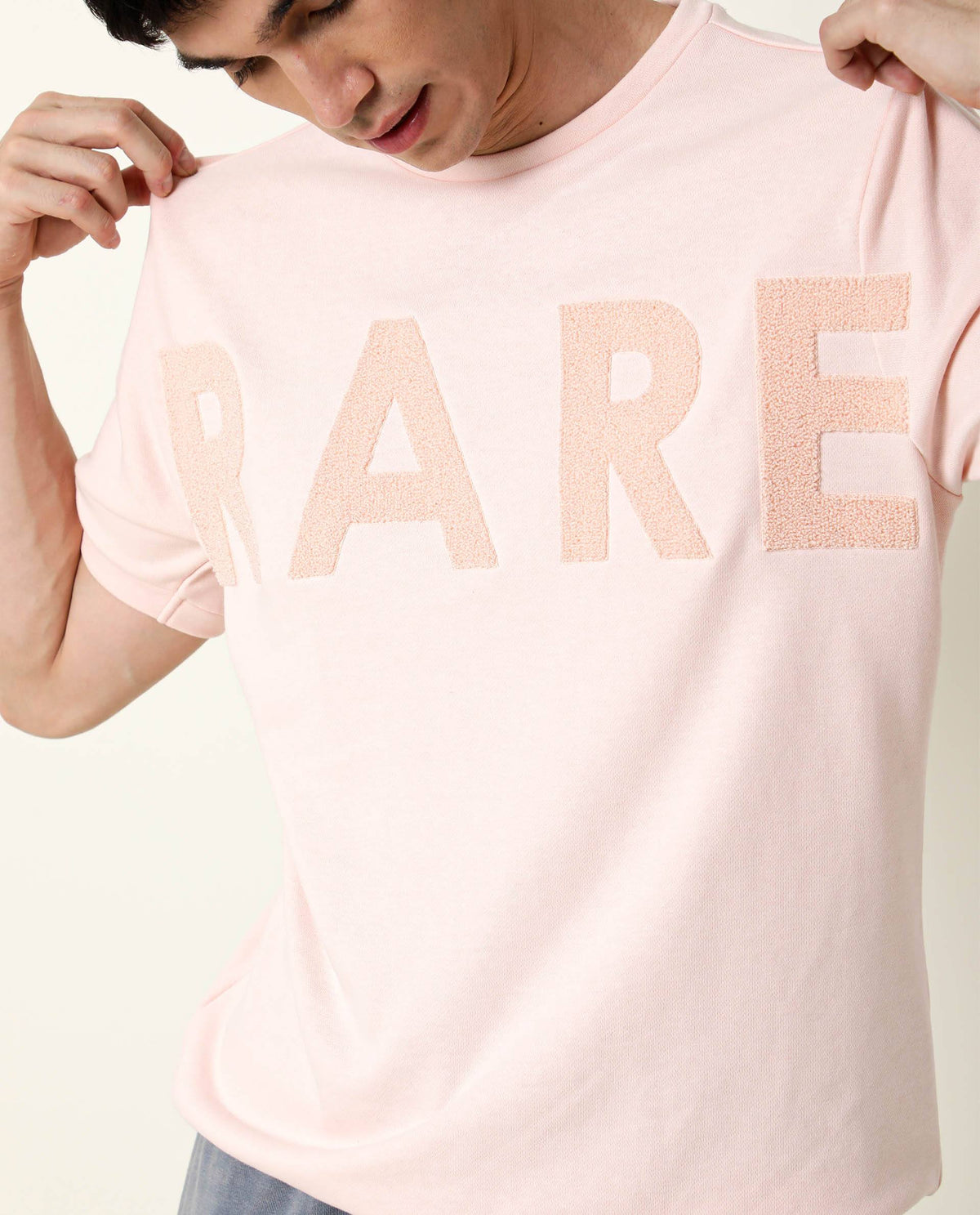RARE RABBIT MEN'S NOR PEACH SWEATSHIRT COTTON POLYESTER FABRIC CREW NECK HALF SLEEVES SLIM FIT