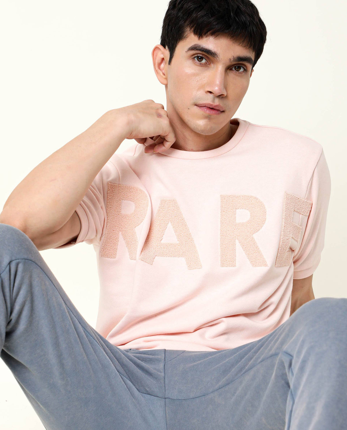 RARE RABBIT MEN'S NOR PEACH SWEATSHIRT COTTON POLYESTER FABRIC CREW NECK HALF SLEEVES SLIM FIT