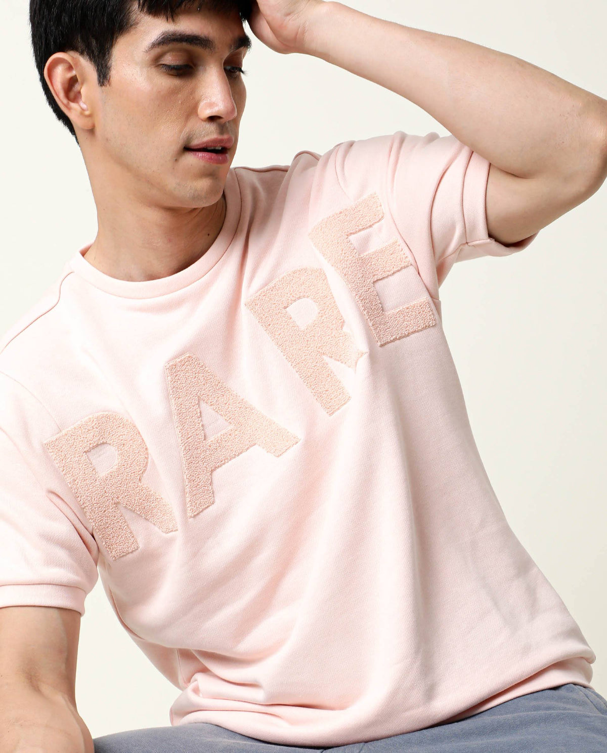 RARE RABBIT MEN'S NOR PEACH SWEATSHIRT COTTON POLYESTER FABRIC CREW NECK HALF SLEEVES SLIM FIT