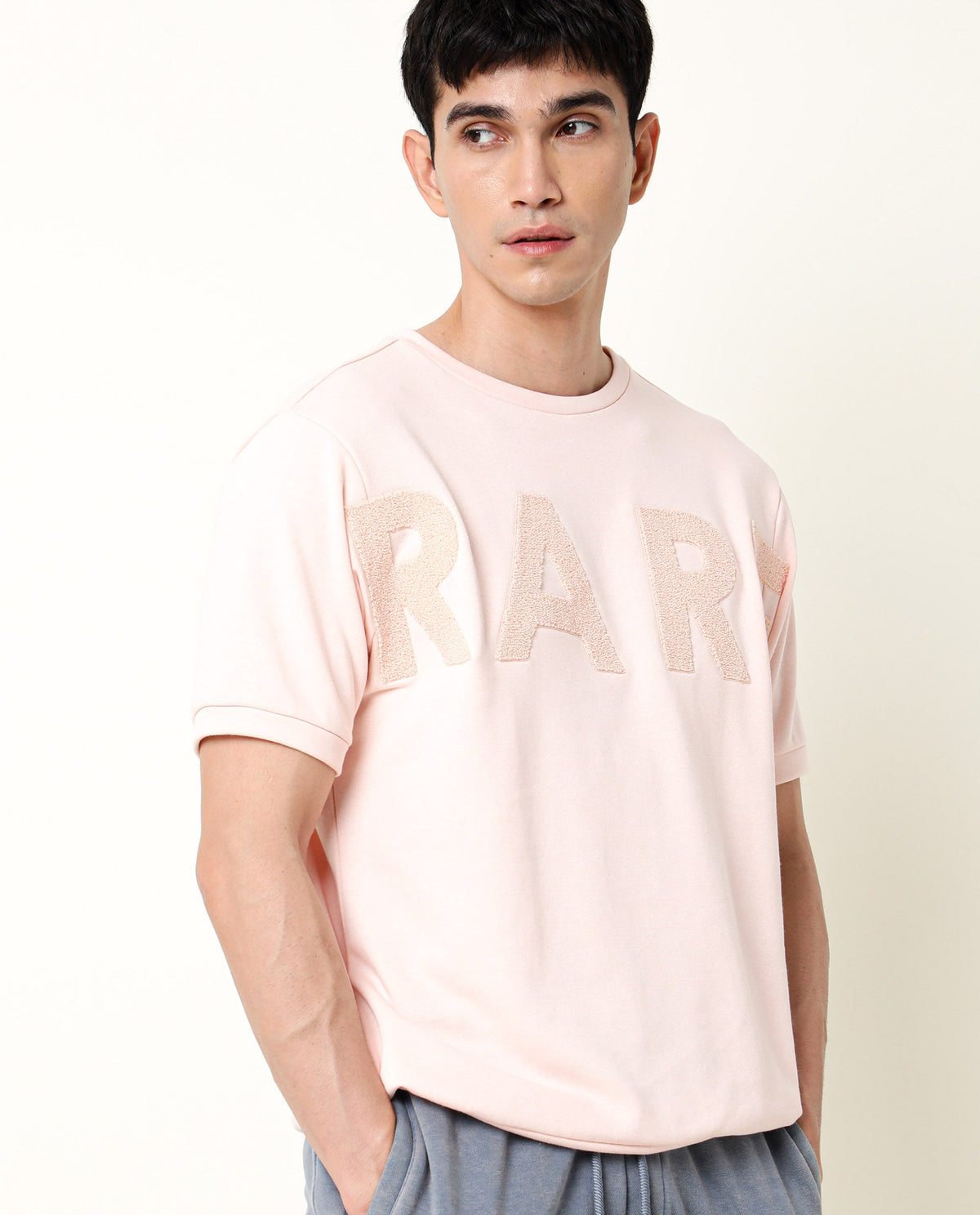 RARE RABBIT MEN'S NOR PEACH SWEATSHIRT COTTON POLYESTER FABRIC CREW NECK HALF SLEEVES SLIM FIT
