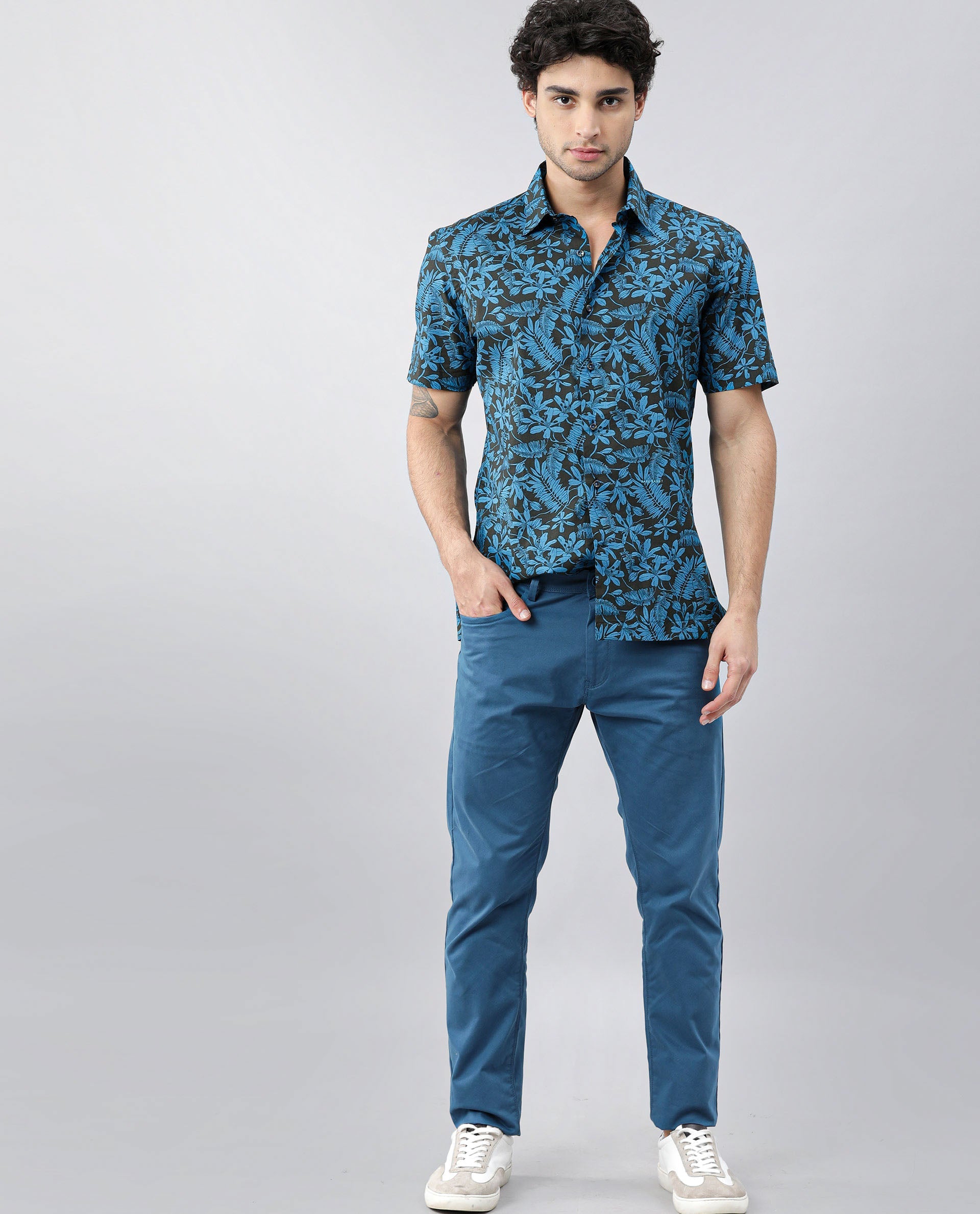 Rare Rabbit Men's Olars Olive Cotton Fabric Half Sleeves Floral Print Shirt