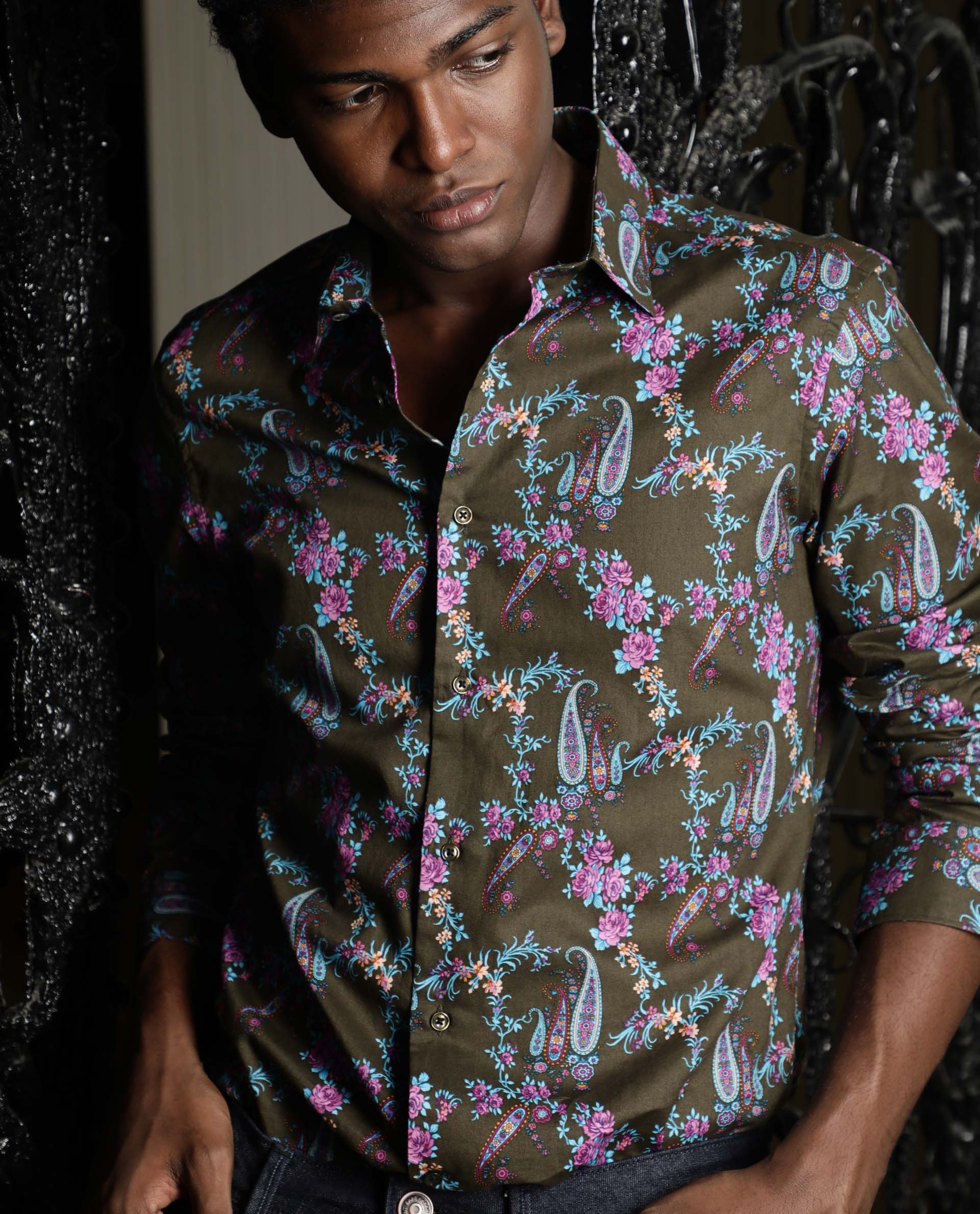 Rare Rabbit Davos Primary Olive Shirt Cotton Fabric Full Sleeve Spread Collar Slim Fit