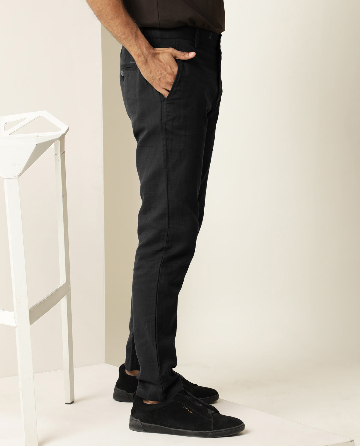 Rare Rabbit Men's Pastor Black Solid Mid-Rise With Drawstring And Elastic Waistband Regular Fit Trouser
