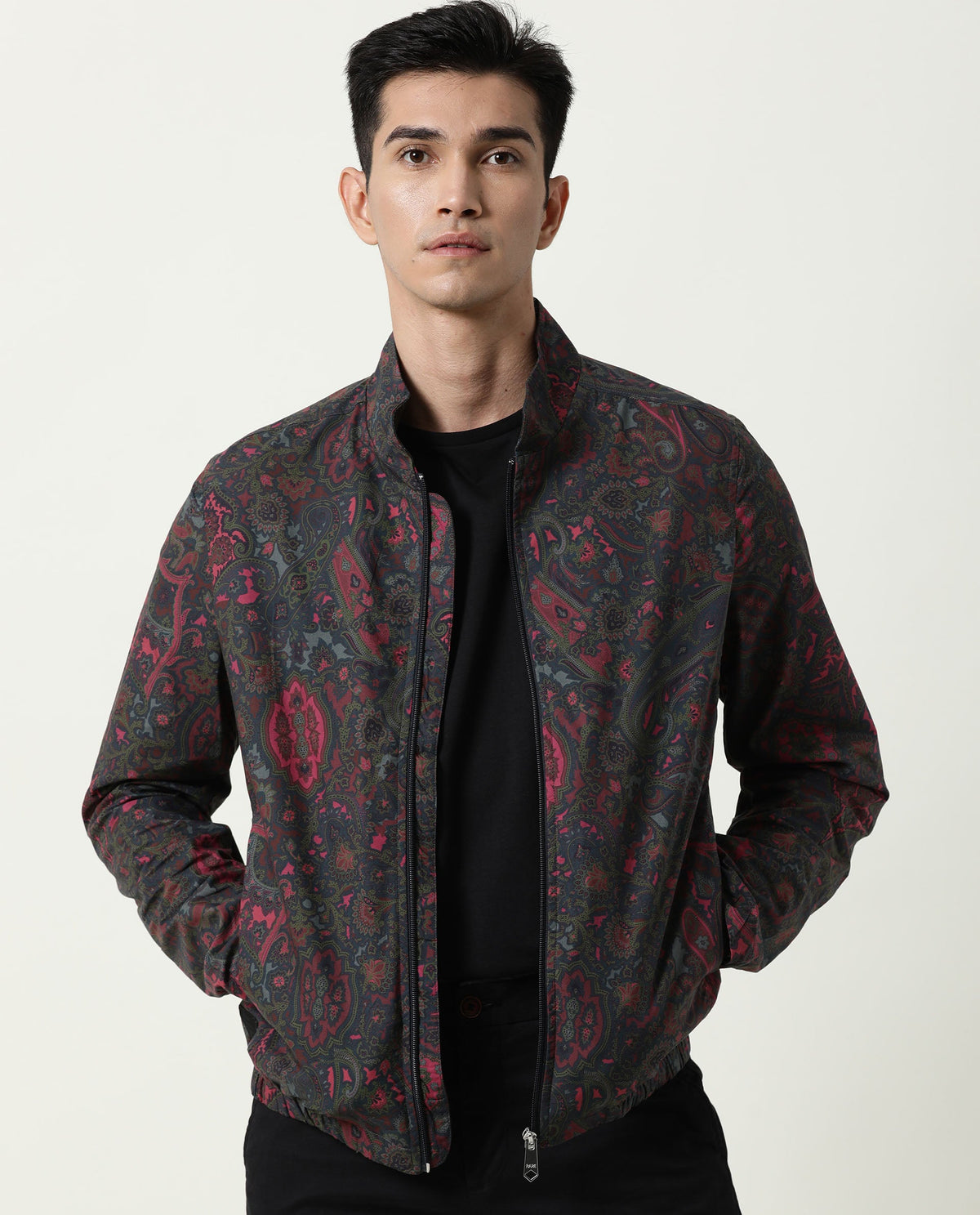 RARE RABBIT MEN'S PERSI PINK JACKET COTTON FABRIC MANDARIN COLLAR FULL SLEEVES ZIPPER CLOSURE SLIM FIT