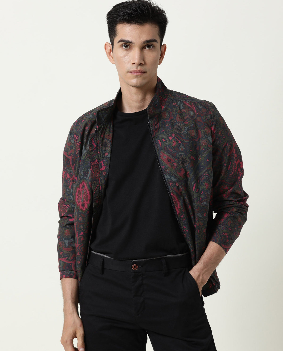 RARE RABBIT MEN'S PERSI PINK JACKET COTTON FABRIC MANDARIN COLLAR FULL SLEEVES ZIPPER CLOSURE SLIM FIT