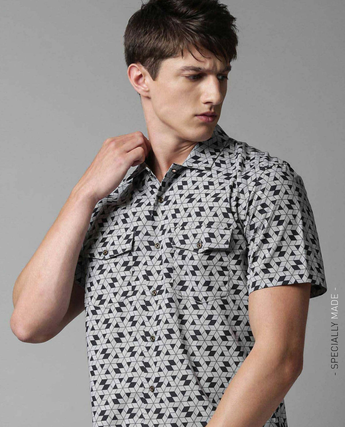 RARE RABBIT MEN'S PUZZLE BLACK SHIRT SHORT SLEEVES PRINT SLIM FIT