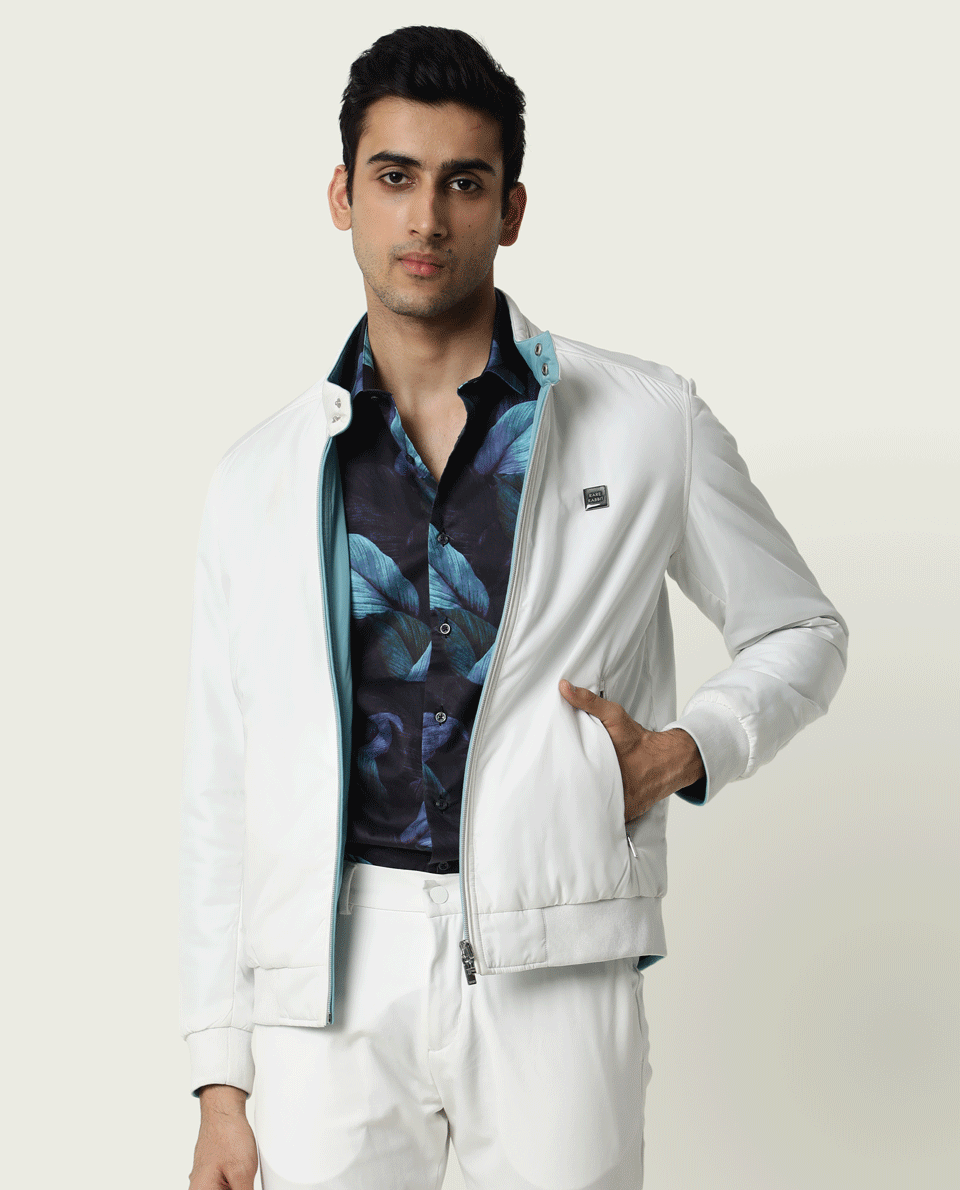 Rare Rabbit Men's Royban White Classic Mandarin Collar Bomber Jacket