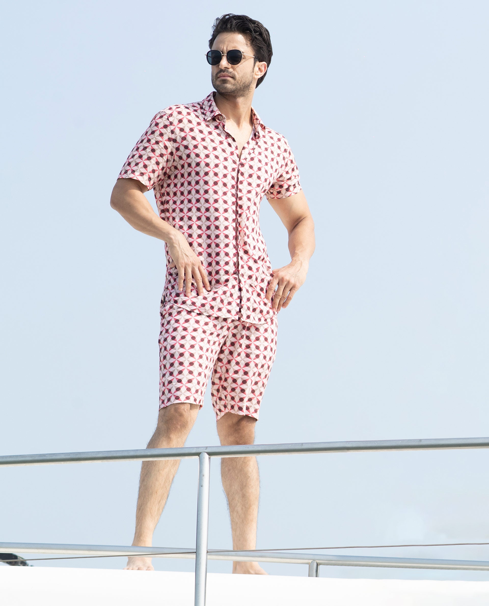 Rare Rabbit Men's Stany Pink Cotton Fabric Button & Zip Closure Slim Fit Mid Rise Geometric Print Shorts