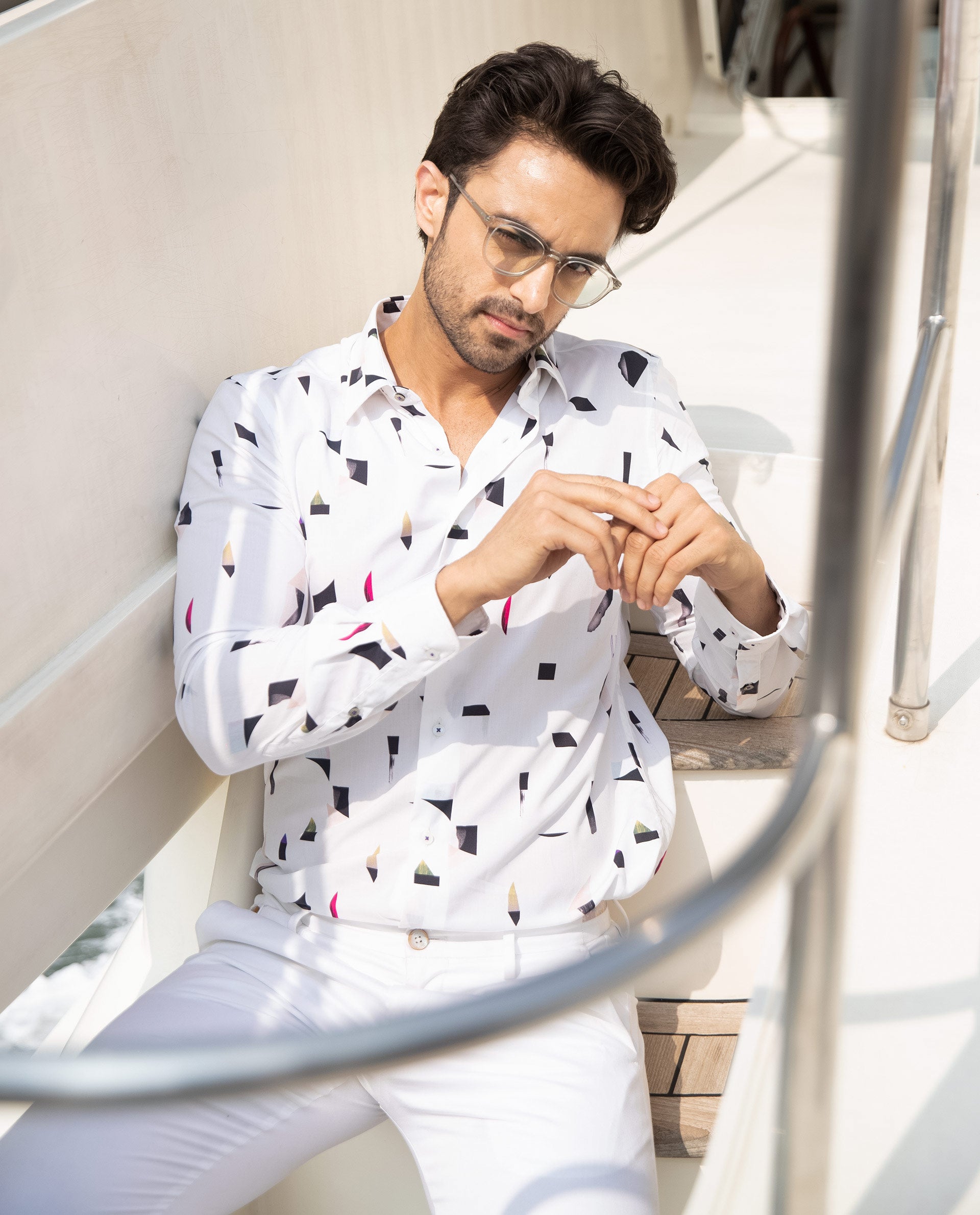 Rare Rabbit Men's Wedge White Cotton Fabric Abstract Print Full Sleeves Shirt