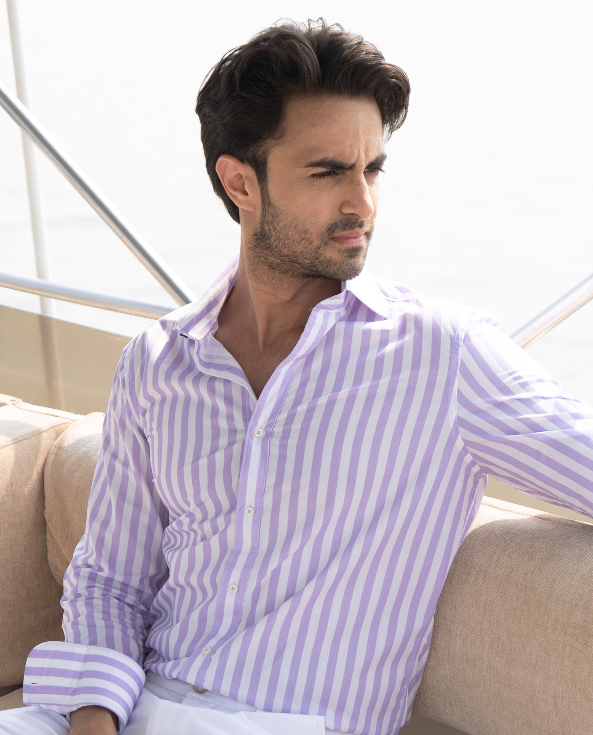 Rare Rabbit Men's Dyot Light Purple Cotton Fabric Full Sleeves Striped Shirt