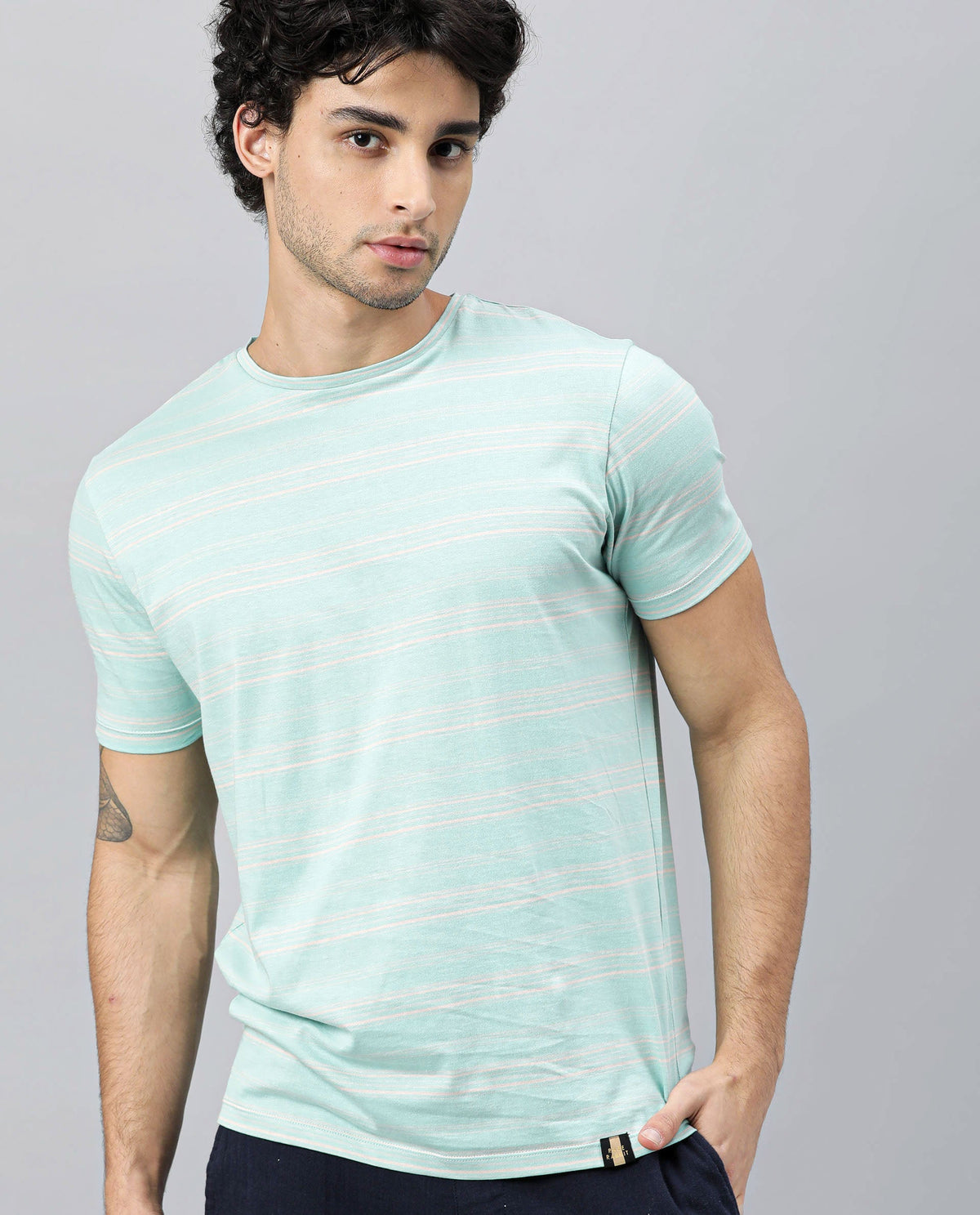 RARE RABBIT SEUS LIGHT TURQ T-SHIRT COTTON FABRIC SHORT SLEEVE ROUND NECK SLIM FIT