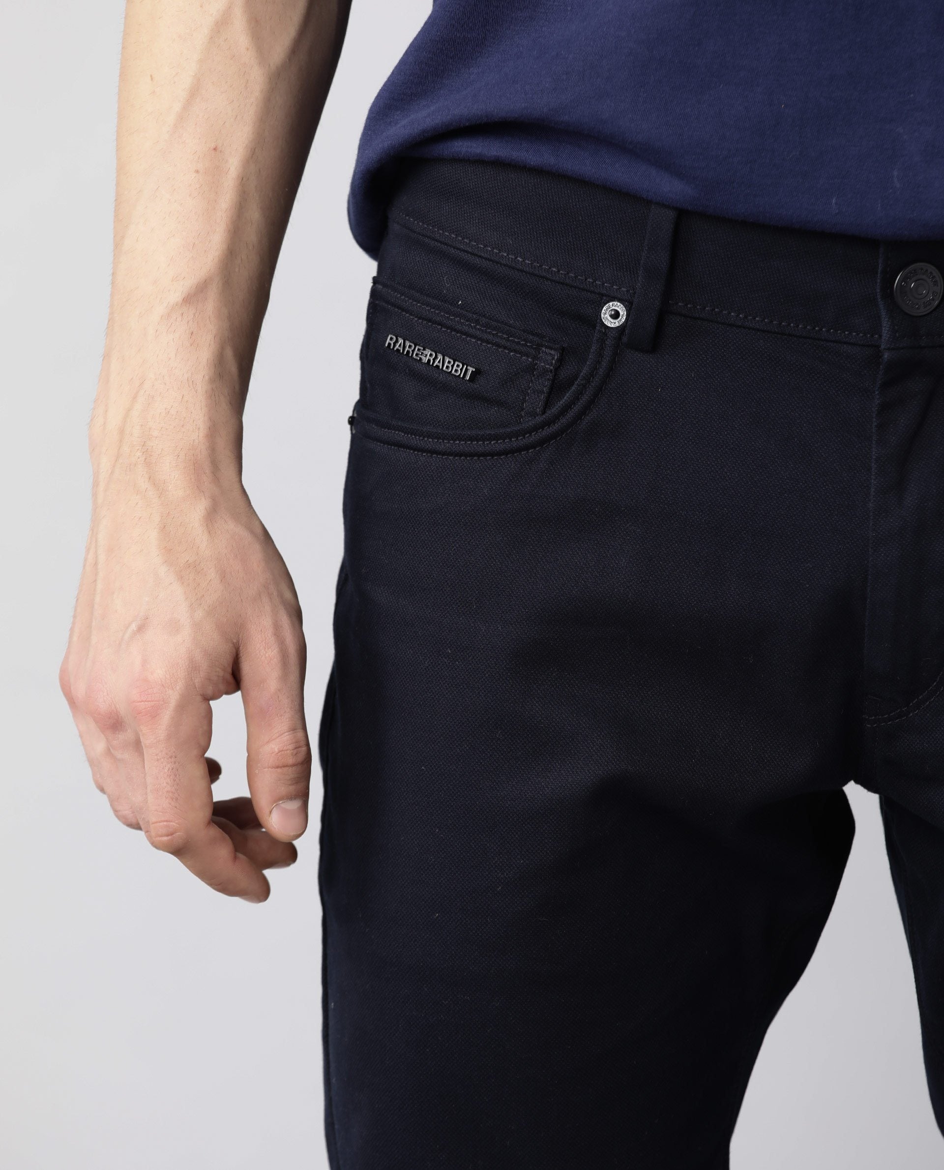 Rare Rabbit Men's Spoke Navy Solid Mid-Rise Regular Fit Trouser