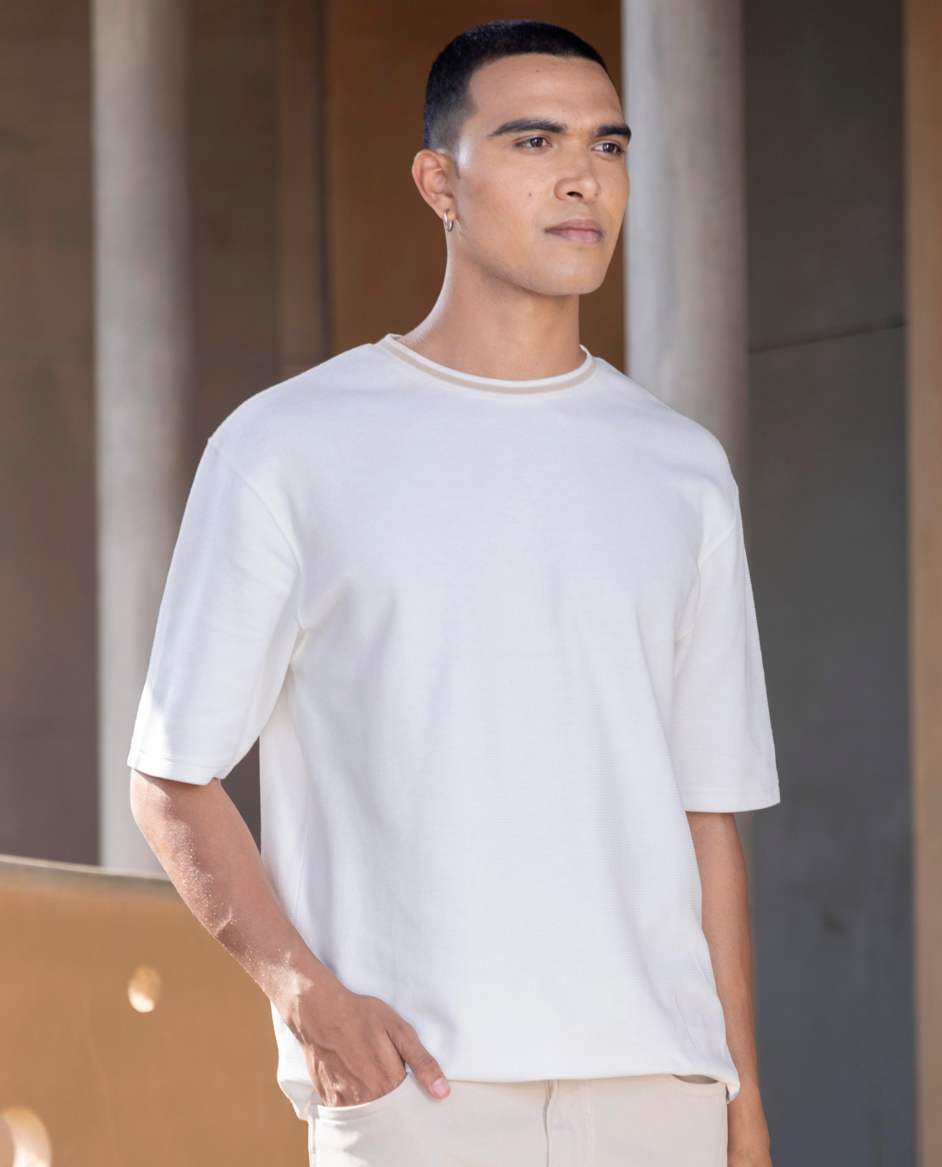 Rare Rabbit Men's Adiso Off White Cotton Fabric Half Sleeves Oversized Textured T-Shirt