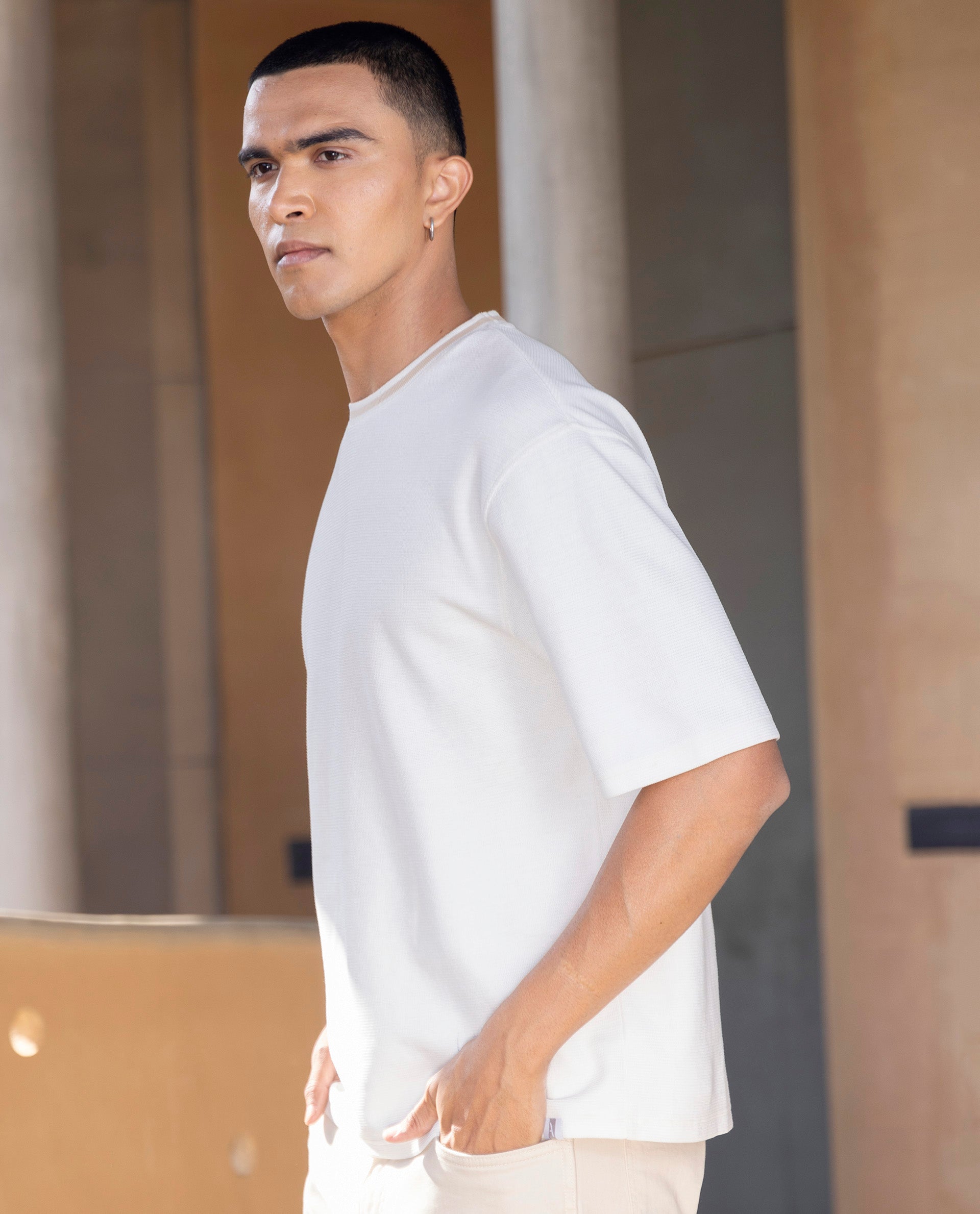 Rare Rabbit Men's Adiso Off White Cotton Blend Plain Oversized Fit Half Sleeve Crew Neck T-Shirt