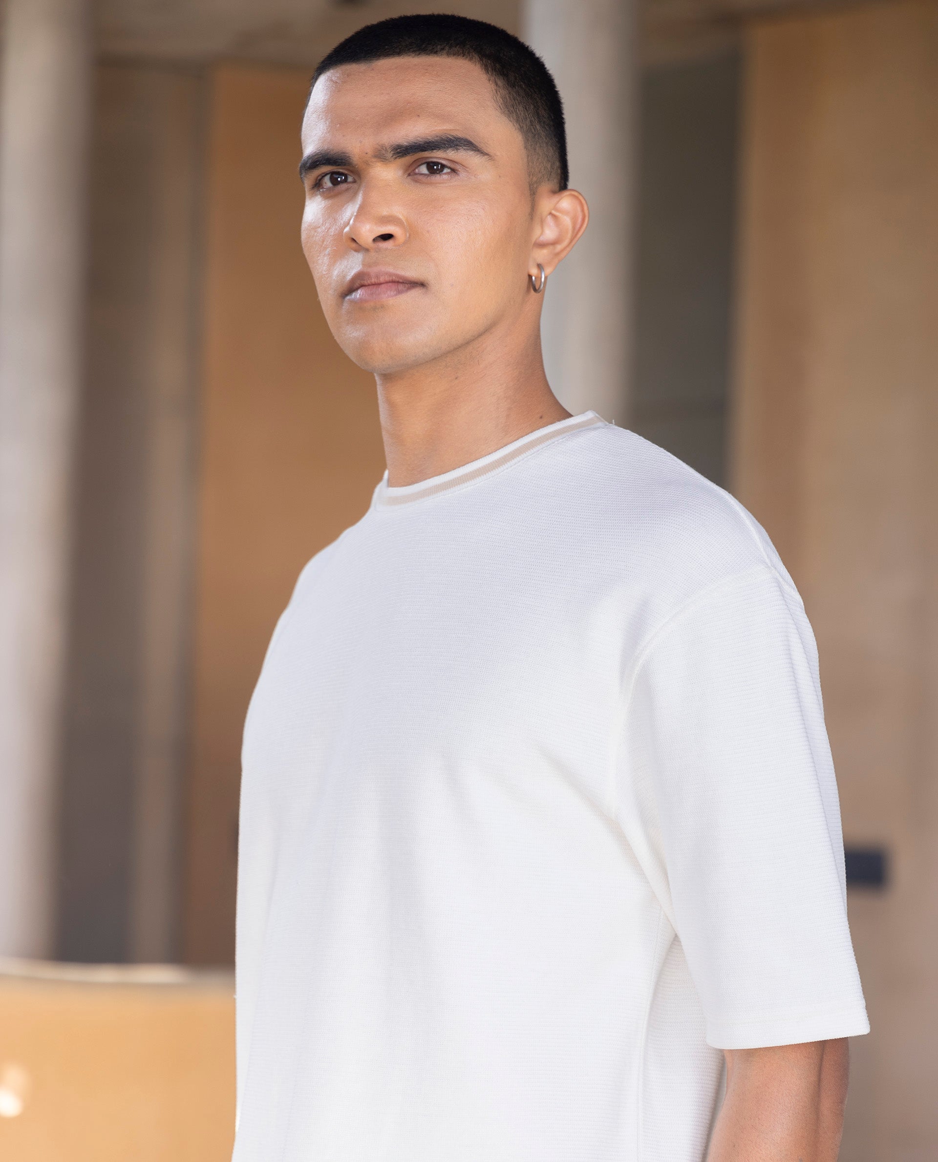 Rare Rabbit Men's Adiso Off White Cotton Fabric Half Sleeves Oversized Textured T-Shirt