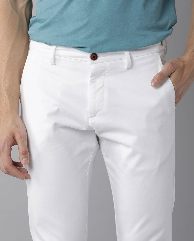 Cotton Men Slim Fit White Blend Trousers