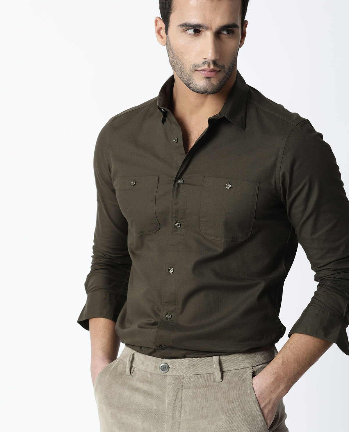 RARE RABBIT HARRINBONE PRIMARY OLIVE SHIRT COTTON FABRIC FULL SLEEVE BUTTON-DOWN COLLAR SLIM FIT