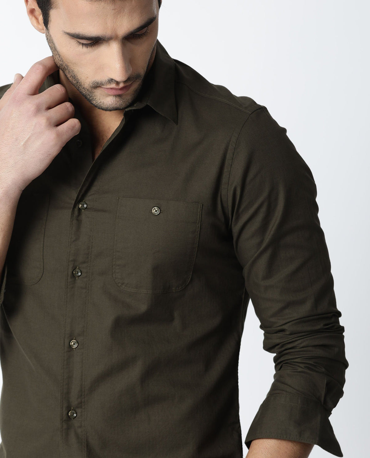 RARE RABBIT HARRINBONE PRIMARY OLIVE SHIRT COTTON FABRIC FULL SLEEVE BUTTON-DOWN COLLAR SLIM FIT