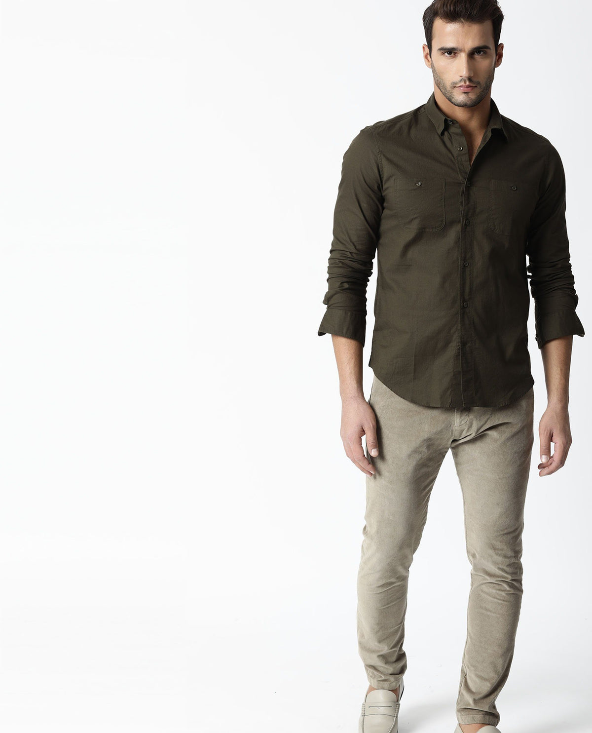RARE RABBIT HARRINBONE PRIMARY OLIVE SHIRT COTTON FABRIC FULL SLEEVE BUTTON-DOWN COLLAR SLIM FIT