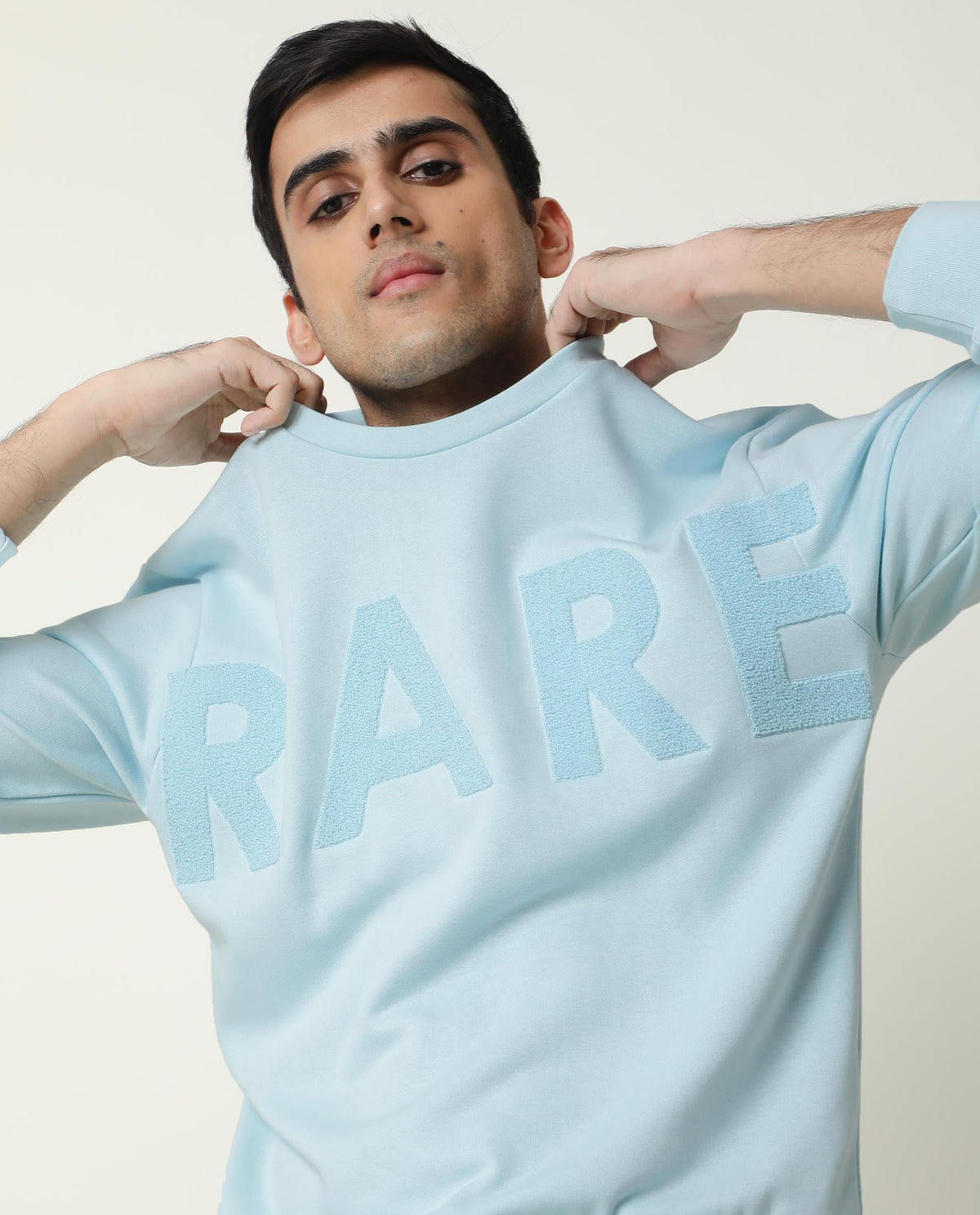 RARE RABBIT MEN'S NORMAN PASTEL BLUE SWEATSHIRT COTTON POLYESTER FABRIC CREW NECK FULL SLEEVES SLIM FIT