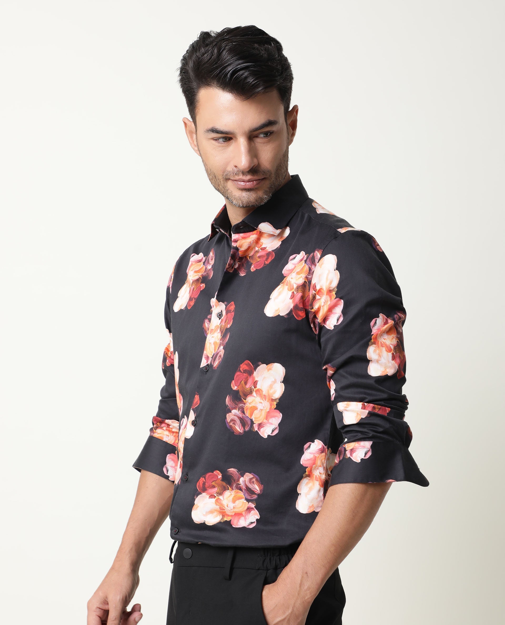 Rare Rabbit Men's Zinnia Black Cotton Floral Print Regular Fit Full Sleeve Collared Shirt