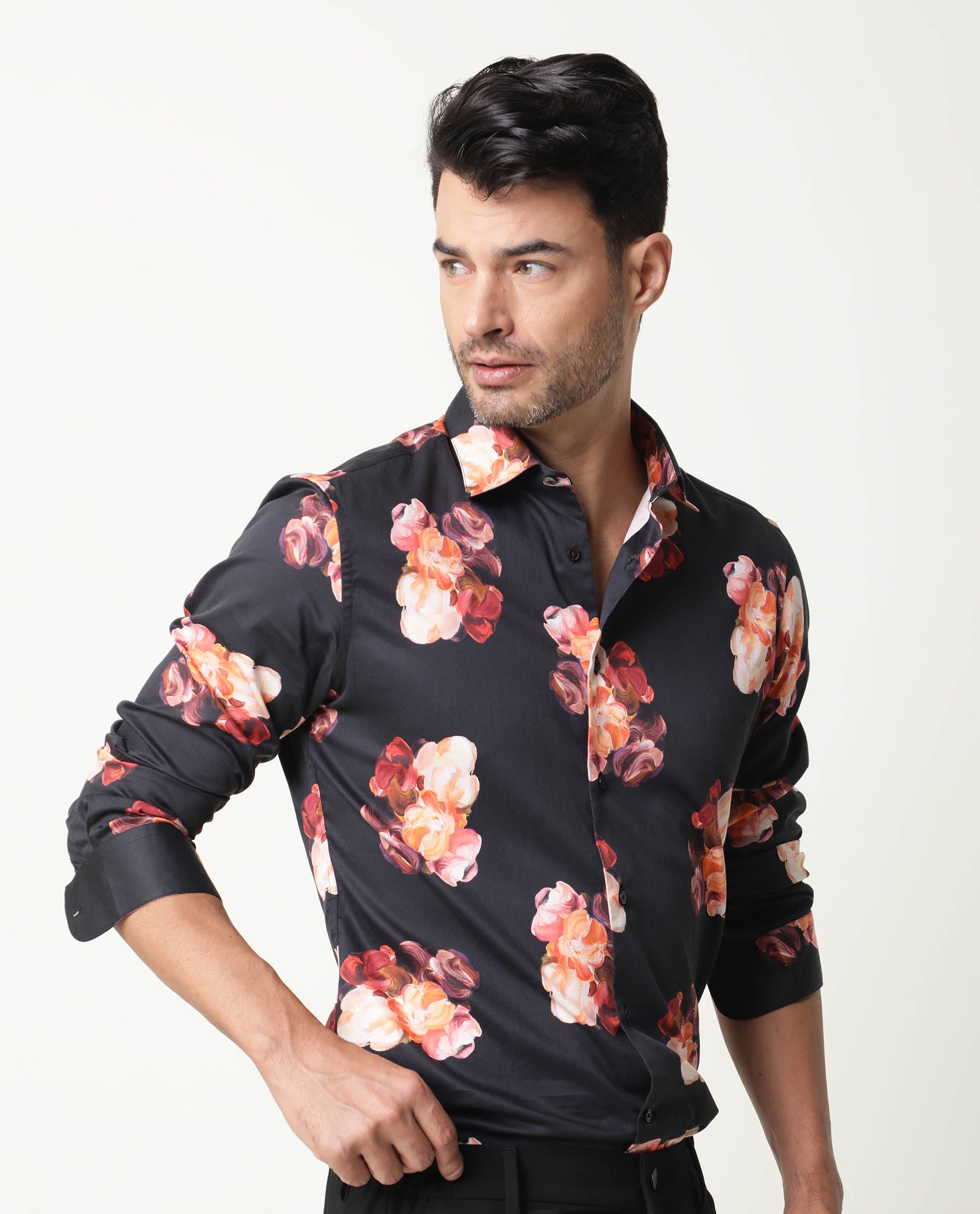 Rare Rabbit Men's Zinnia Black Cotton Fabric Floral Print Full Sleeves Shirt