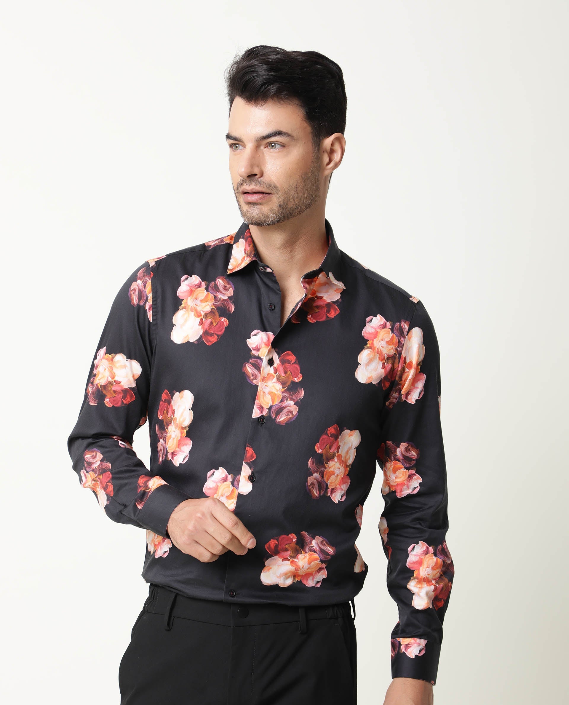 Rare Rabbit Men's Zinnia Black Cotton Fabric Floral Print Full Sleeves Shirt
