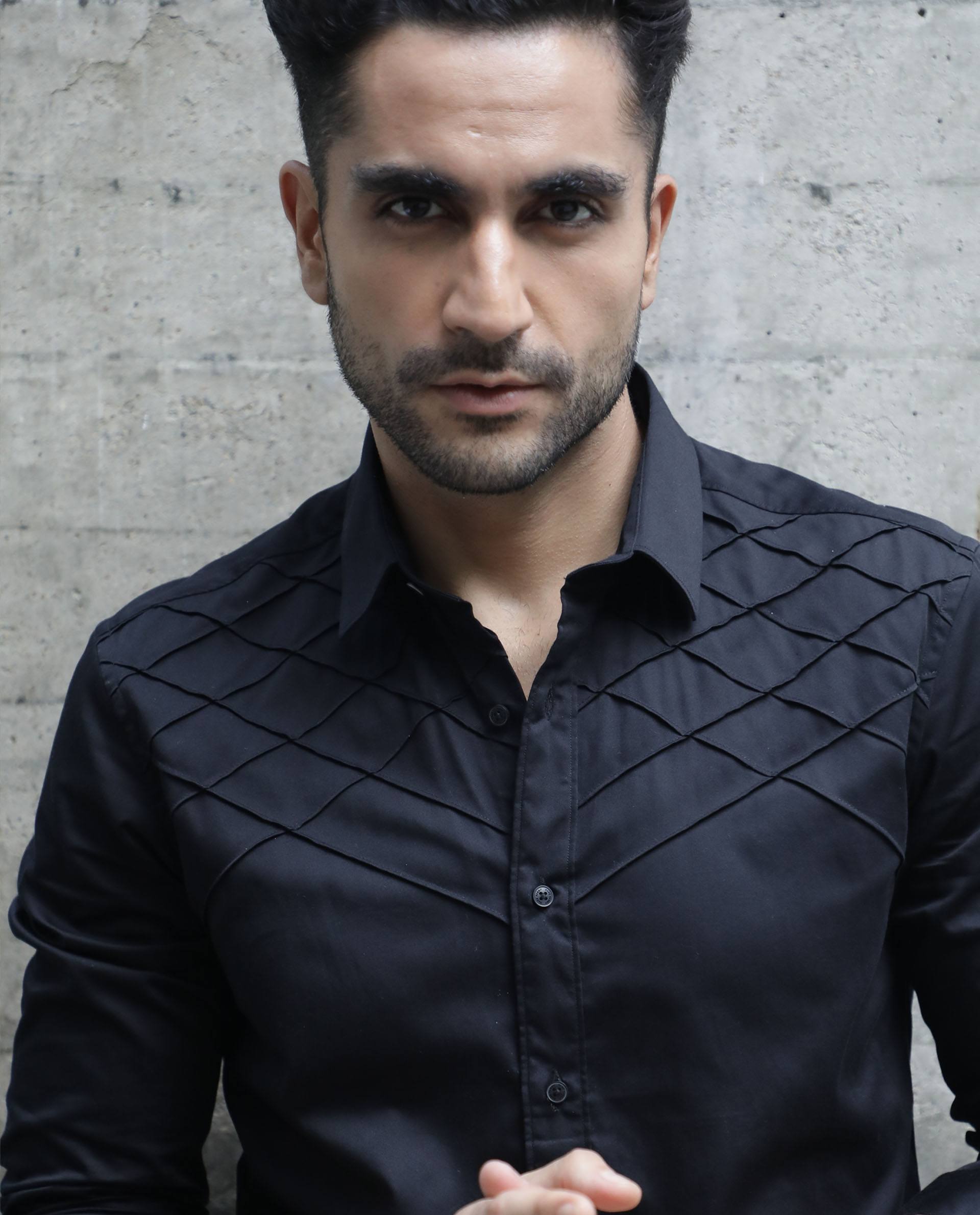 Rare Rabbit Men's Hero Black Cotton Fabric Full Sleeves Regular Fit Pleated Textured Shirt