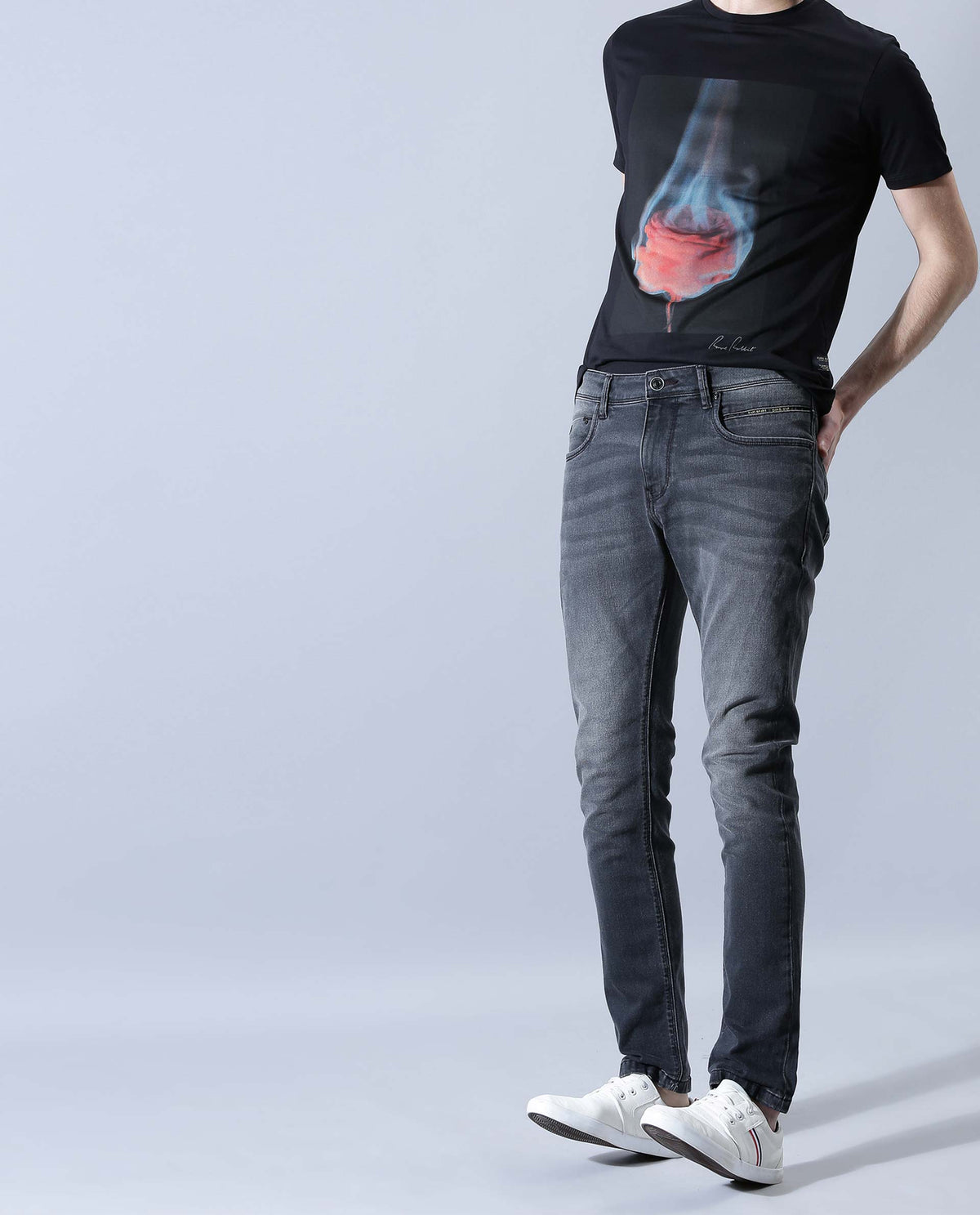 RARE RABBIT COBINO DARK GREY JEANS PANT COTTON FABRIC SLIM FIT BUTTON & ZIP CLOSURE