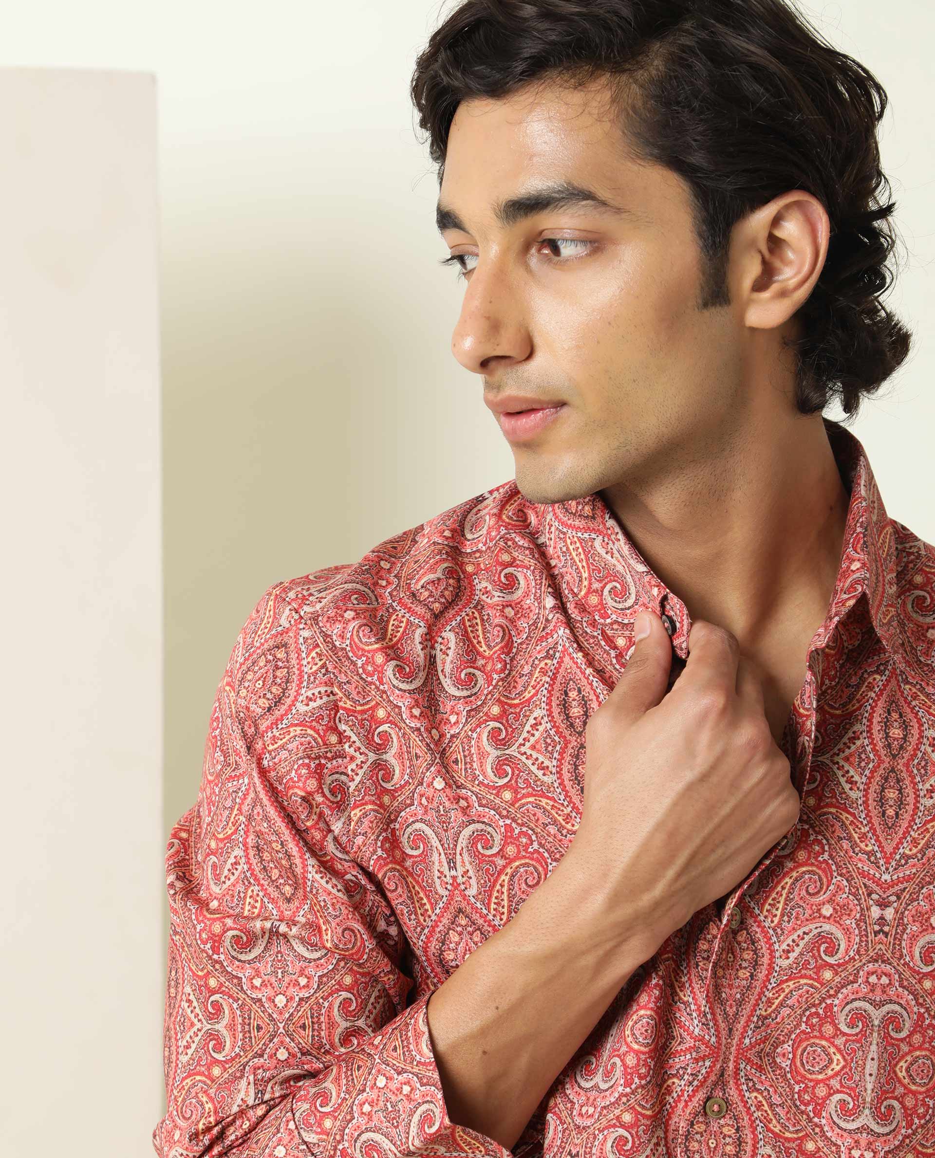 Rare Rabbit Men's Moire Red Cotton Fabric Paisley Print Full Sleeves Shirt