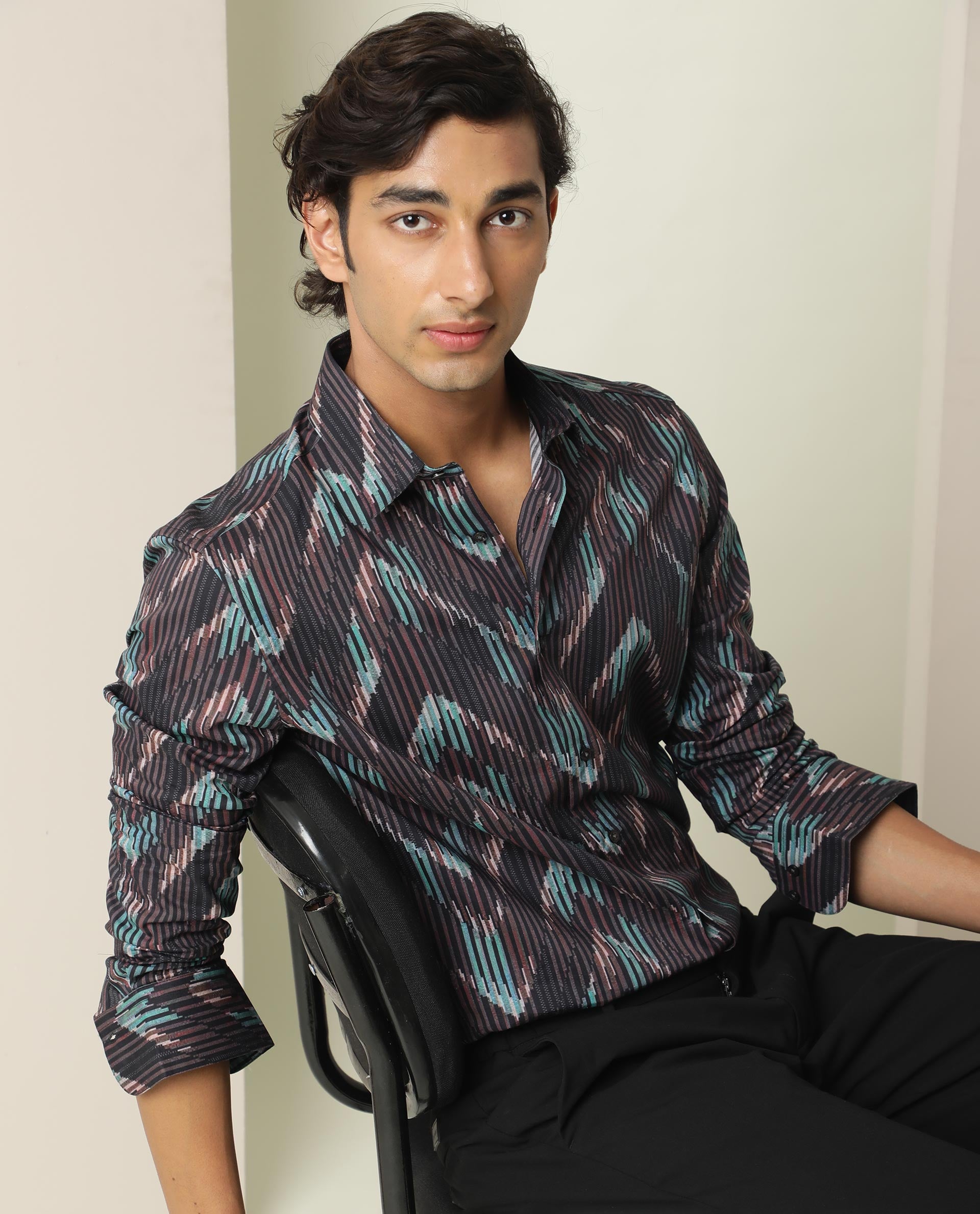 Rare Rabbit Men's Stria Brown Viscose Fabric Abstract Print Full Sleeves Shirt